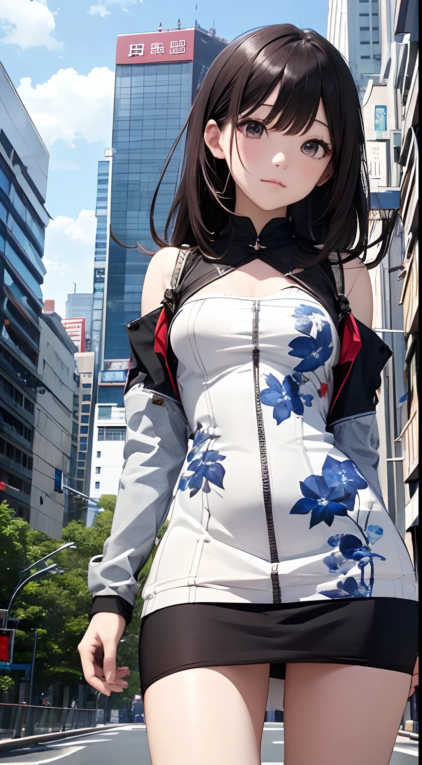 (Close-up of the painting style,8k ultra high definition,Masterpiece grade vista CG wallpaper)美丽细致的眼睛,cute girly,Perfect slim body,shift dresses,Pure eyes,The skin is smooth like a baby,Stand on the flyover,Look down at the earth,Background sky blank clouds,Buildings,the street。