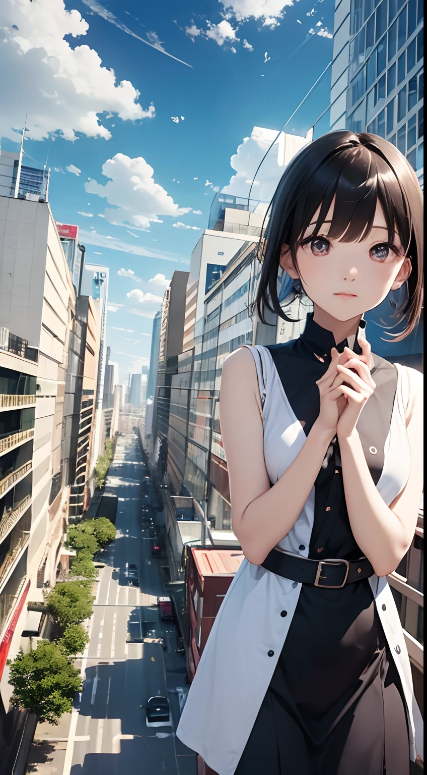 （Close-up of the painting style，8k ultra high definition，Masterpiece grade vista CG wallpaper）美丽细致的眼睛，cute girly，Perfect slim body，shift dresses，Pure eyes，The skin is smooth like a baby，Stand on the flyover，Look down at the earth，Background sky blank clouds，Buildings，the street。