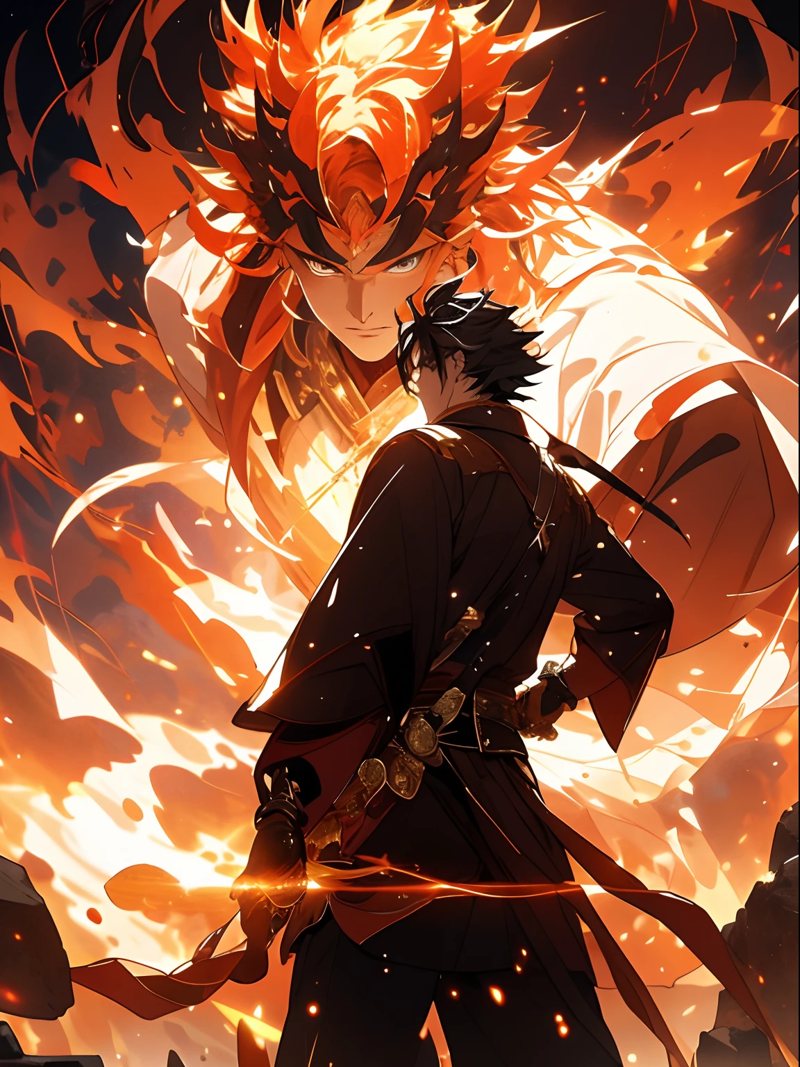(tmasterpiece:1.2),best qualtiy, The handsome and decisive little Taoist shone, Armed with a glittering sword,It emits a cold light, Surrounded by fire and lightning particles. He wears black and red intersecting armor, It was like a bolt of lightning piercing the night sky. , Majestic gestures and trampling on fiery flames. Flames surged around them, creating an opulent atmosphere. The image is in high definition,Capture the highlights of this epic battle.The back of the monster