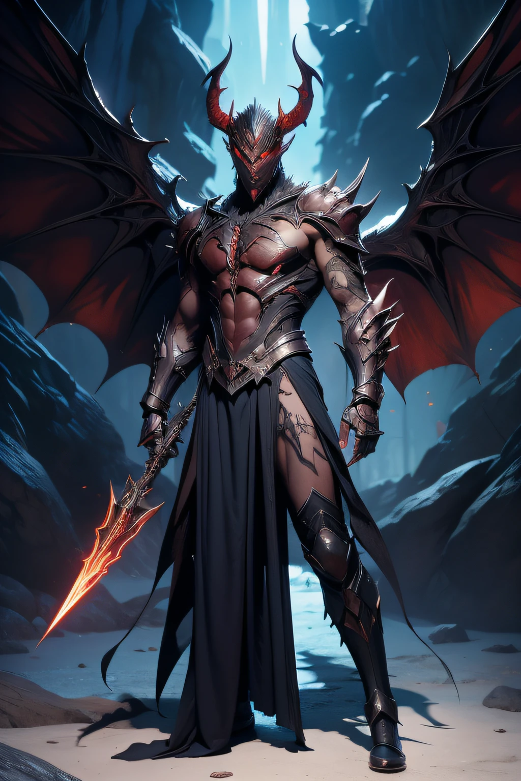 Demon King, Magical style, Full body like, Diablo style, male people, Thick armor, One-shoulder armored span design, Demon design elements, The muscles on the body are connected to the armor, Demon Warframe, There are devil's wings on the back, Meat wings, Demon's wings, Conceptual art, cinematic lighting, UHD, anatomically correct, textured skin, best quality, ccurate, award winning