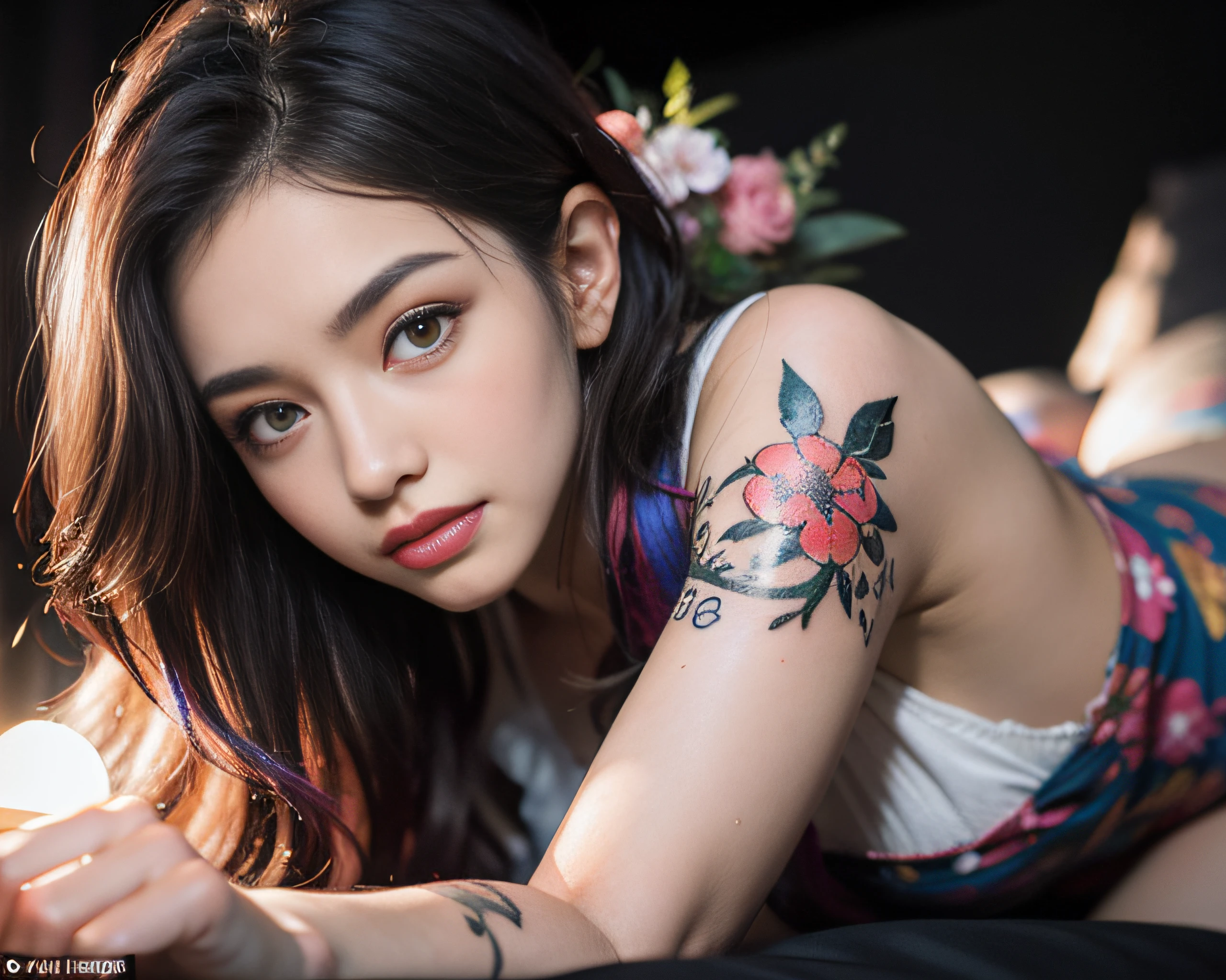 Realistic, 1girl in, Colorful hair, Purple eyes, Glowing eyes, cropped top, Skirt, Parted lips, blush, Night, Flowers, Sun, Sun, Sexy, Feminine, Seductive, Provocative, Multi-angle, ((1girl in)),Girl in fancy streetwear, neotokyo, Centered| Convoluted| Highly detailed| Breathtaking beauty| precise lineart| Vibrant| comprehensive cinematic| Carne Griffiths| Conrad Roset, 8K, Oil Painting, Cinematic lighting, rainy, ((The tattoo)),(Fancy hair color)),((random facial expression)),smirk grin,all-fours,Bright hair color