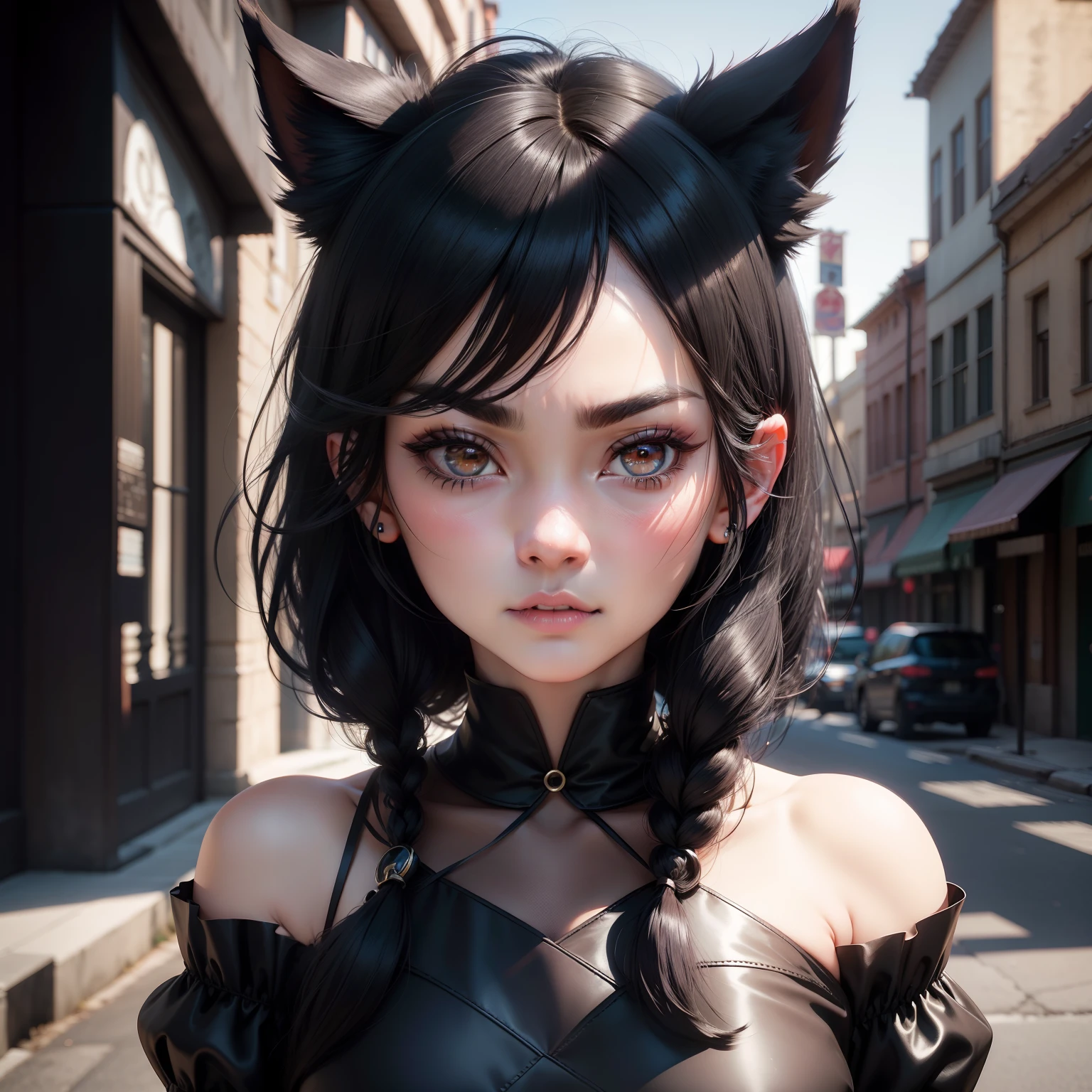 black hair, hair bobbles, wince, longeyelashes, solid circle eyes, fake animal ears, sad, ear blush, fang, Surrealism, pose,drop shadow, anaglyph, stereogram, tachi-e, pov, atmospheric perspective, 8k, super detail, ccurate, best quality