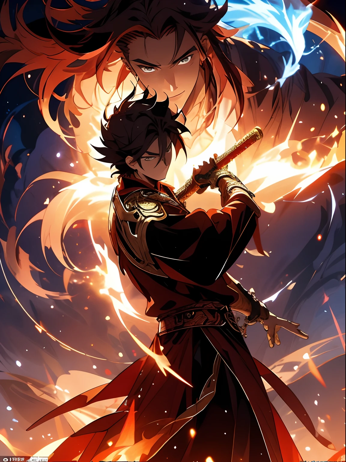 （tmasterpiece：1.2），best qualtiy， The handsome and decisive little Taoist shone, Armed with a glittering sword，It emits a cold light, Surrounded by fire and lightning particles. He wears black and red intersecting armor, It was like a bolt of lightning piercing the night sky. , Majestic gestures and trampling on fiery flames. Flames surged around them, creating an opulent atmosphere. The image is in high definition，Capture the highlights of this epic battle.The back of the monster