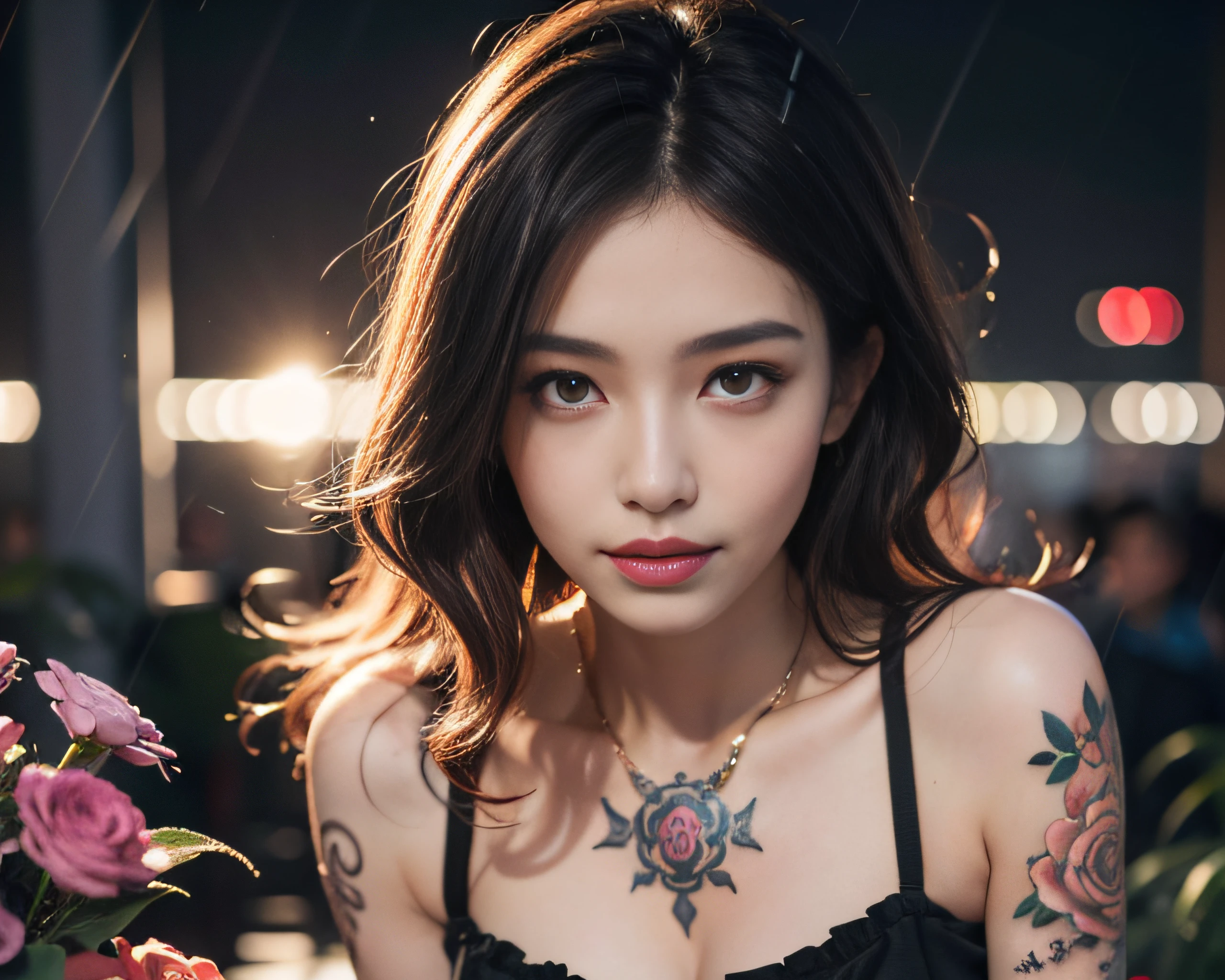 Realistic, 1girl in, Colorful hair, Purple eyes, Glowing eyes, cropped top, Skirt, Parted lips, blush, Night, Flowers, Sun, Sun, Sexy, Feminine, Seductive, Provocative, Multi-angle, ((1girl in)),Girl in fancy streetwear, neotokyo, Centered| Convoluted| Highly detailed| Breathtaking beauty| precise lineart| Vibrant| comprehensive cinematic| Carne Griffiths| Conrad Roset, 8K, Oil Painting, Cinematic lighting, rainy, ((The tattoo)),(Fancy hair color)),((random facial expression)),smirk grin,all-fours,Bright hair color