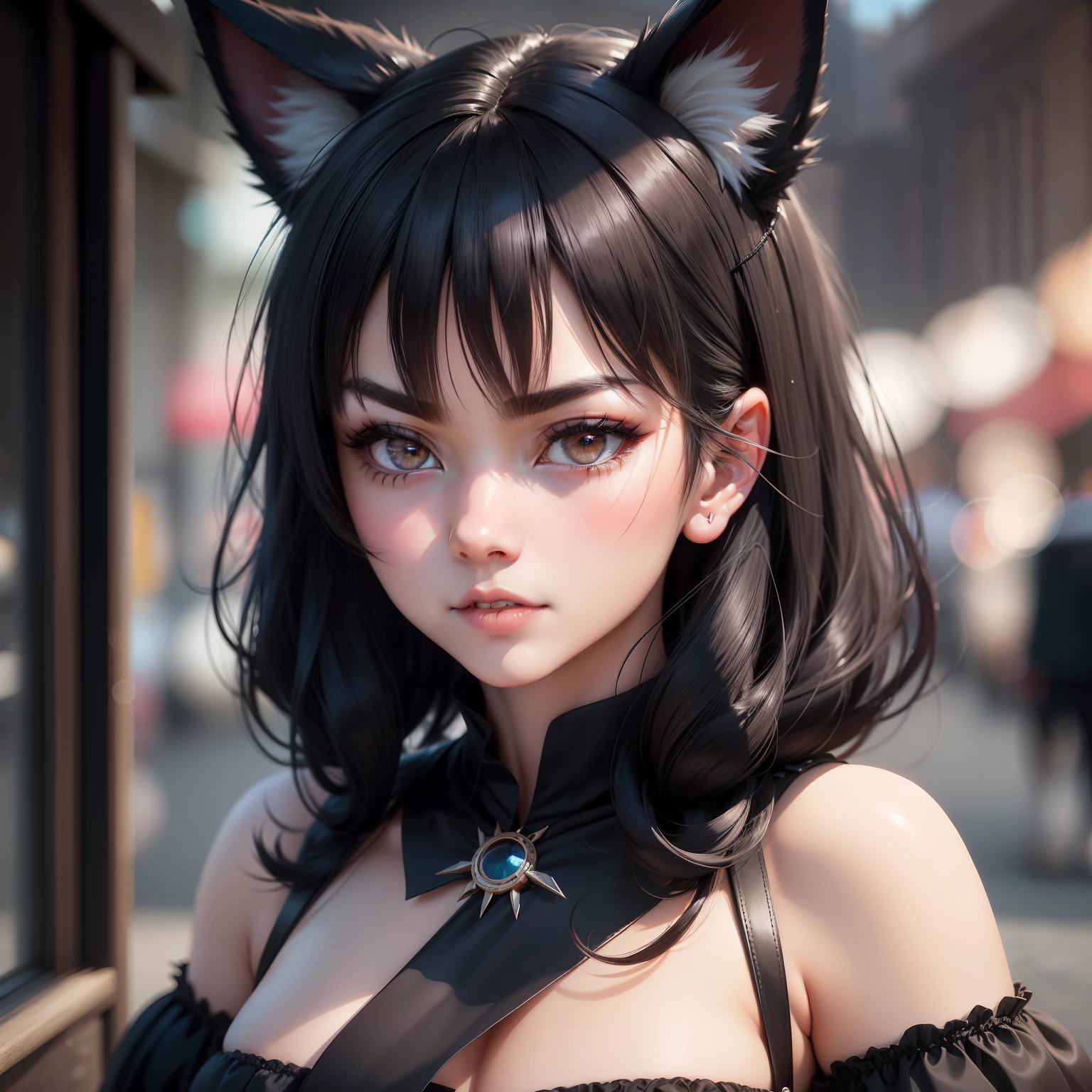 black hair, hair bobbles, wince, longeyelashes, solid circle eyes, fake animal ears, sad, ear blush, fang, Surrealism, pose,drop shadow, anaglyph, stereogram, tachi-e, pov, atmospheric perspective, 8k, super detail, ccurate, best quality