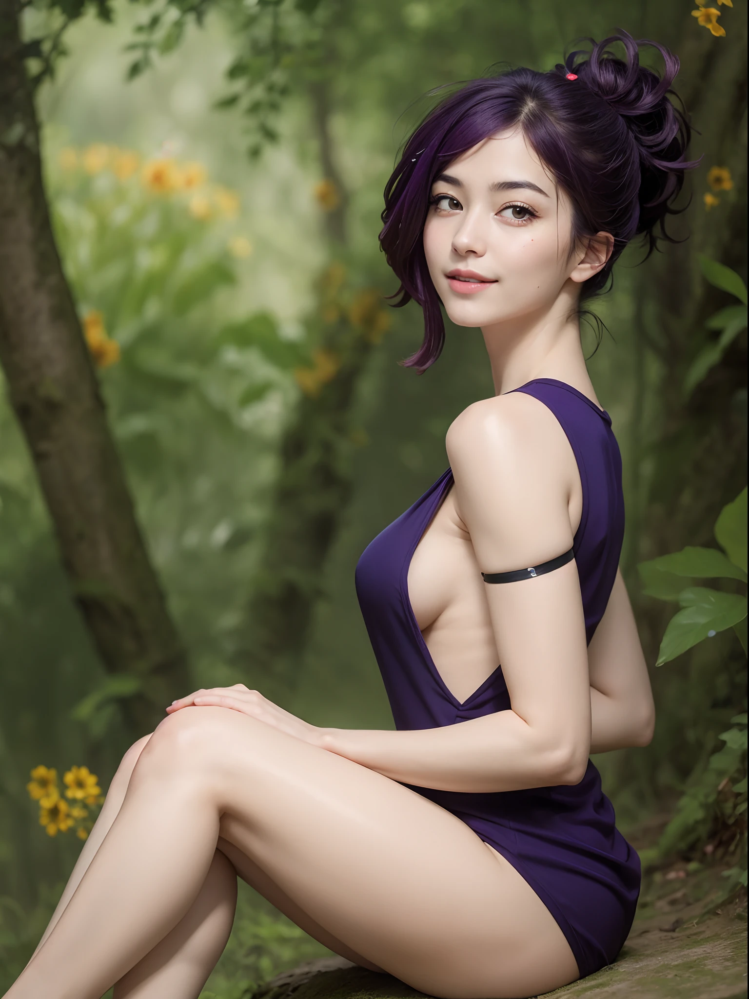 (masterpiece, best quality:1.4), (full body:1.5), (sitting:1.5), (erotic pose:1.2), yuzuriha_(jigokuraku), (purple hair), brown eyes, cleavage, medium breasts, topknot, ninja, open clothes, sexy smile, beautiful face, highly detailed face, highly detailed eyes, highly detailed skin, skin pores, subsurface scattering, realistic pupils, full face blush, full lips, detailed background, depth of field, volumetric lighting, sharp focus, absurdres, realistic proportions, good anatomy, (realistic, hyperrealistic:1.4), 16k hdr,