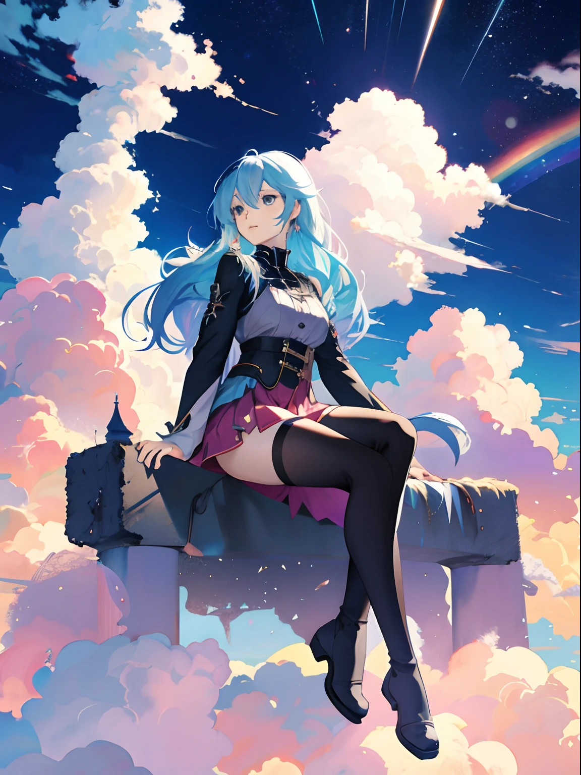 Anime girl sitting city wolf on rainbow cloud background, style of anime4 K, 4K anime wallpaper, Anime epic artwork, Anime Cloud, Anime wallpaper 4 k, Anime wallpaper 4K, Anime Sky, Anime art wallpaper 4k, Anime art wallpaper 4k, hd anime wallaper, Guweiz in Pixiv ArtStation,blackstockings