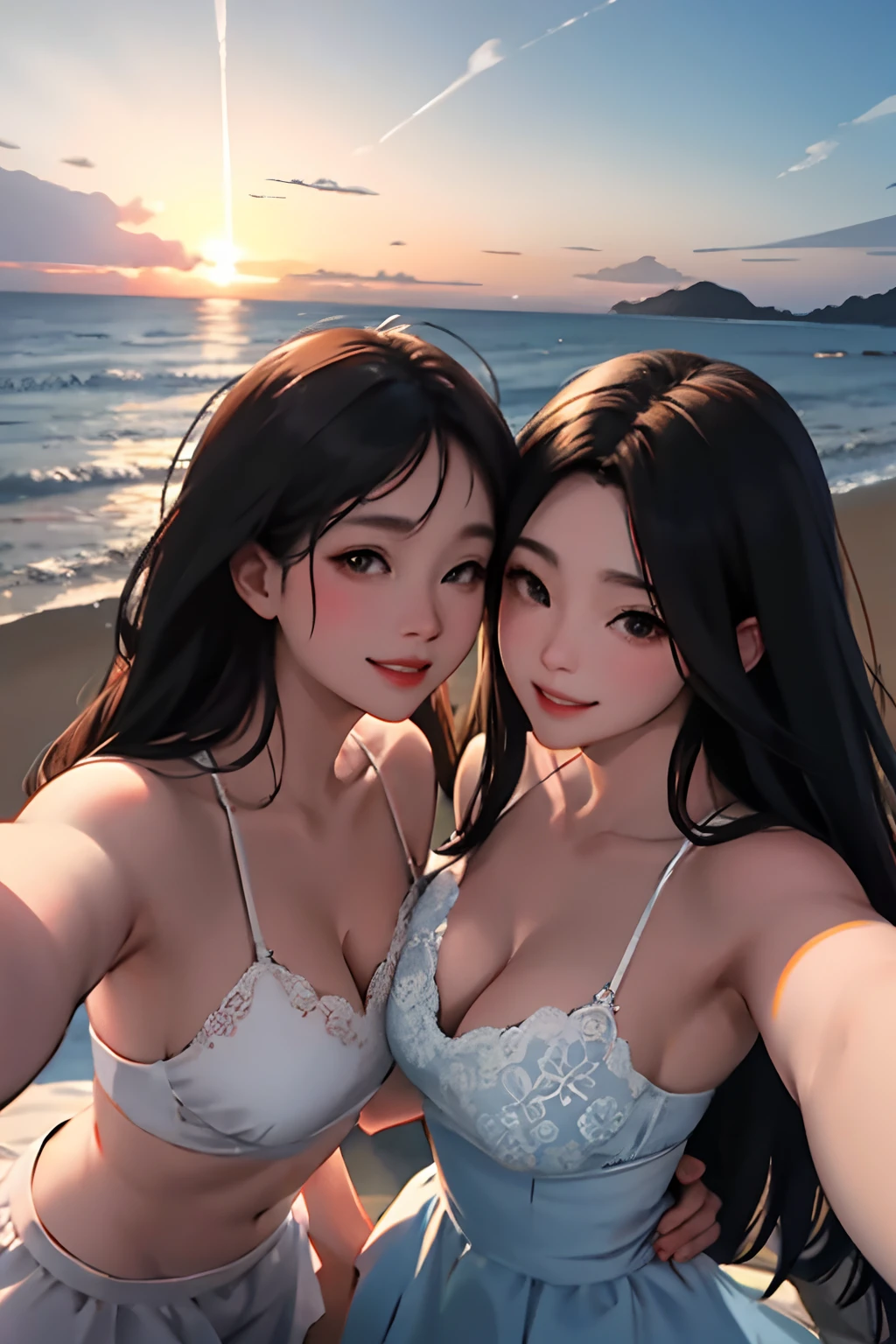 realisticlying、Two real adult women、Taking a selfie、Keep your body in close contact、A slightly larger sea accentuates the sunset、Smile sexily、Cleavage emphasis、Face Real
