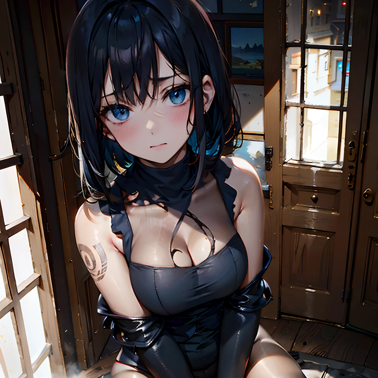 Ultra high quality, ultra detail, full picture, 1 girl, solo, dark blue hair, blue eyes, broken heavy mask on the ground, detailed super oily shiny torn and tattered black thighhighs, articulated dark blue halo above head, detailed tattoo under right eye, gothic clothing, torn clothing, light armour, broken armour, self hugging, looking at viewer, disgusted face, blush, ruined room as background, stormy night, shrouded in darkness