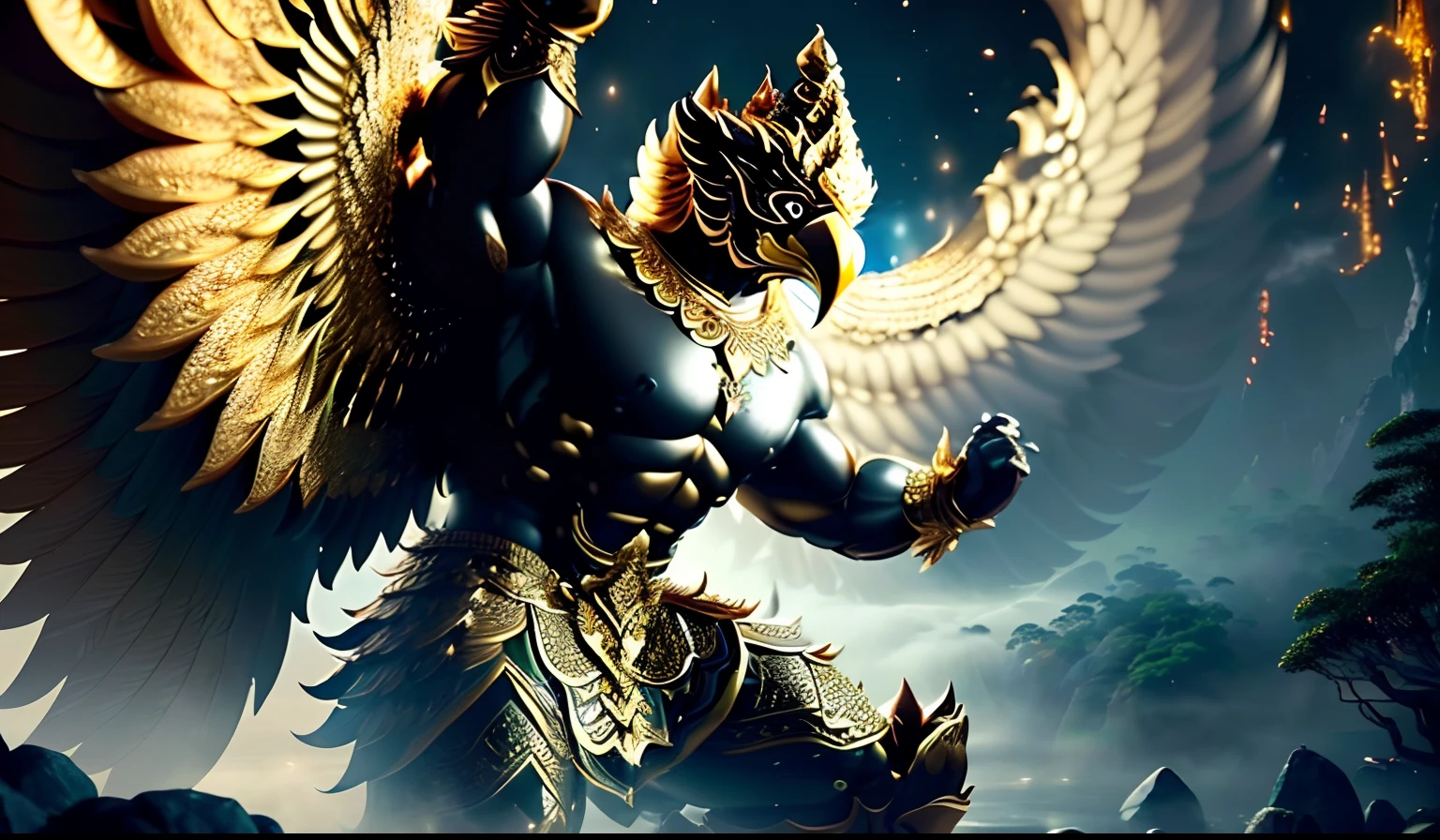 masterpiece,highly detail(phayakrut king garuda,Giant Wing,Gold black,Thai art,Thai traditional armor warrior,THai antigod,Suriyothai:1.3){best quality},, super huge GARUDA solo, very detail,(Forest,stream,fog,mist,deep jungle,horror theme,chiaroscuro:1.2)
unity,cinematic lighting
(extremely detail CG unity 8k wallpaper:1.1)(masterpiece),(best quality:1.1),realistic,style of master anime,perfect perspective,intricate detail