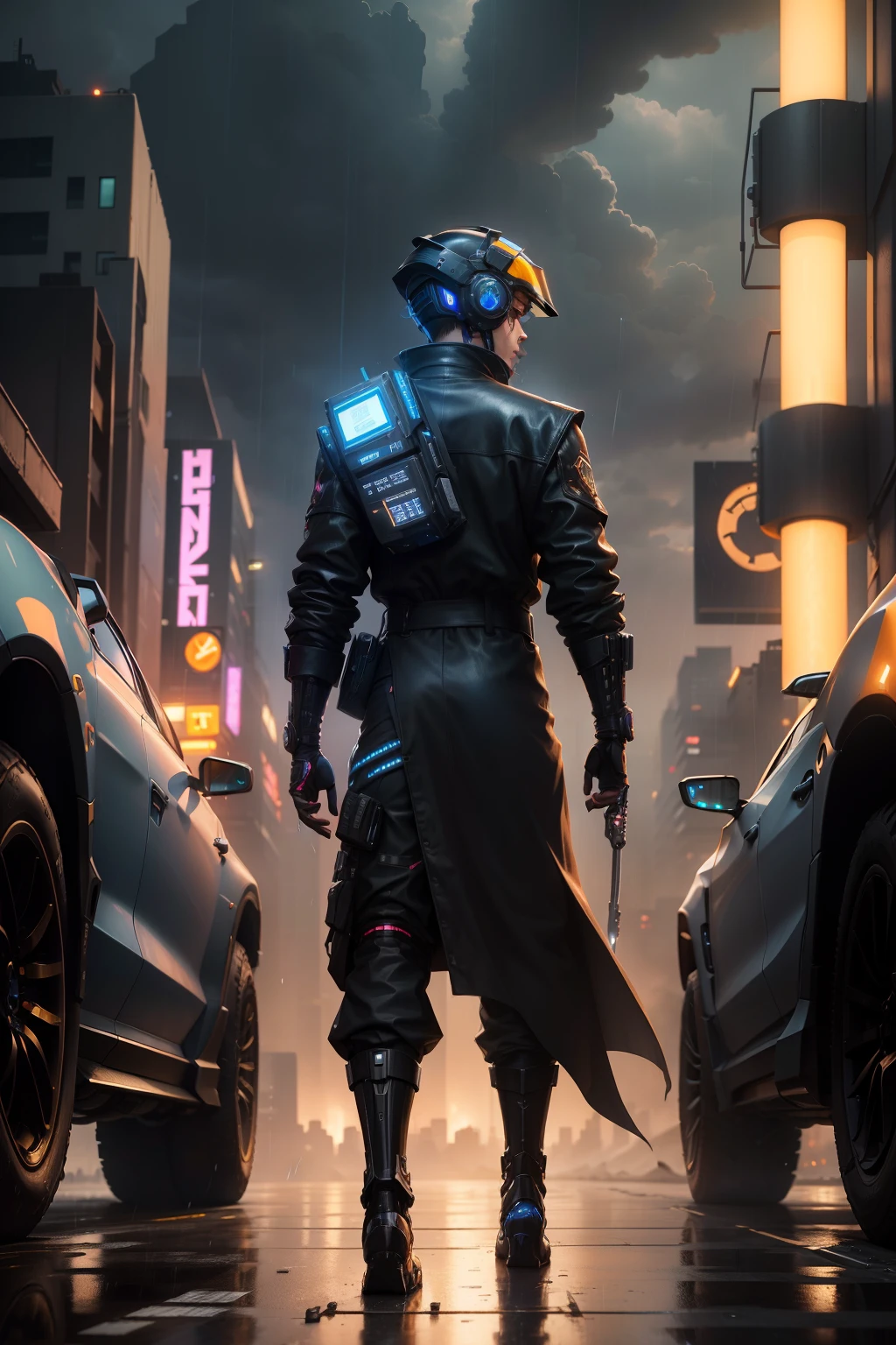 （（best qualtiy））， （（tmasterpiece））， （The is very detailed：1.3）cyber punk style，The metropolis of the future，The teenager driving the mech walks on a prosperous road，It was raining in the sky，The boy holds a mechanical sword，profile，wearing a mech helmet