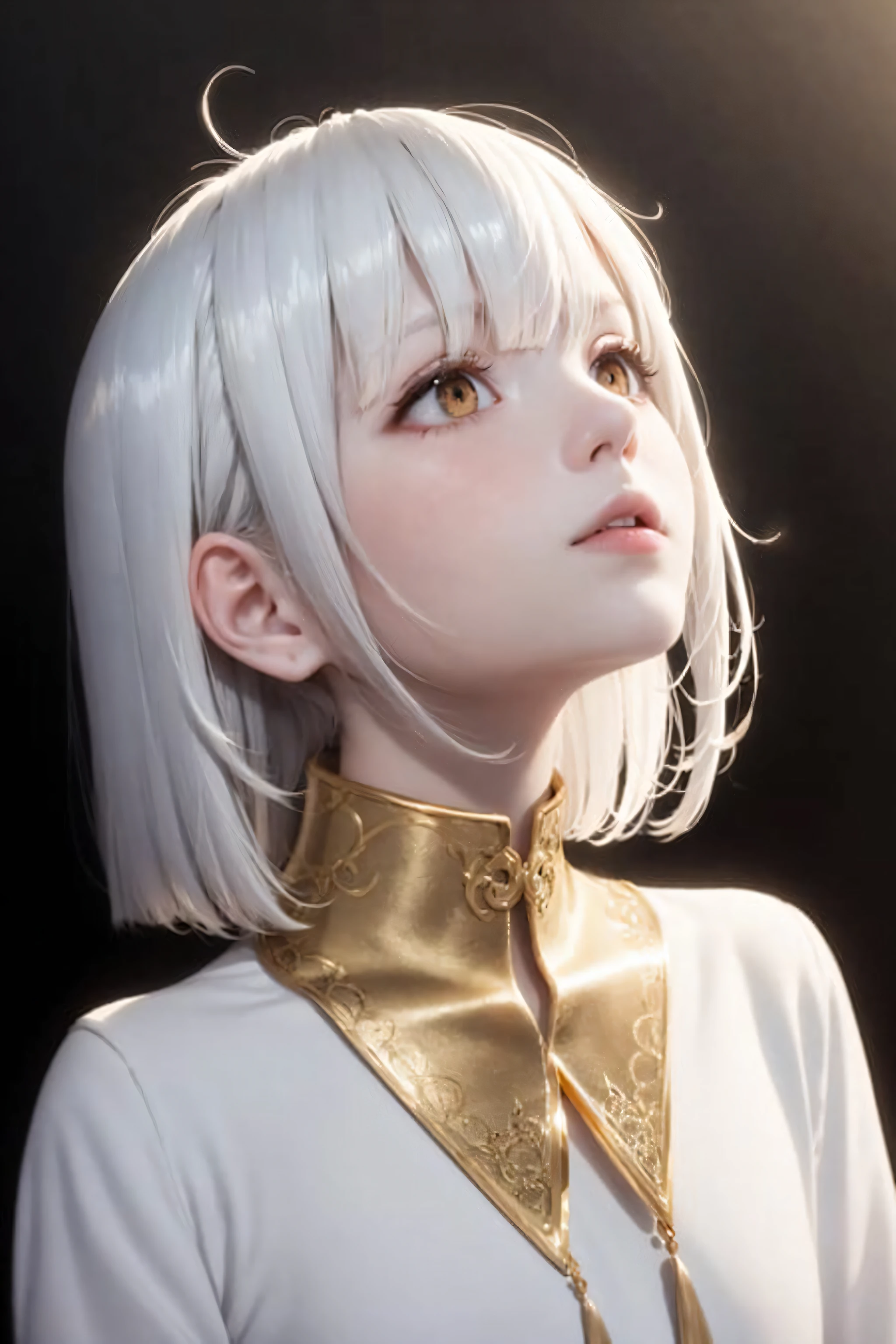 best quality, masterpiece,white hair, gold eyes,white clothes, looking up, upper body