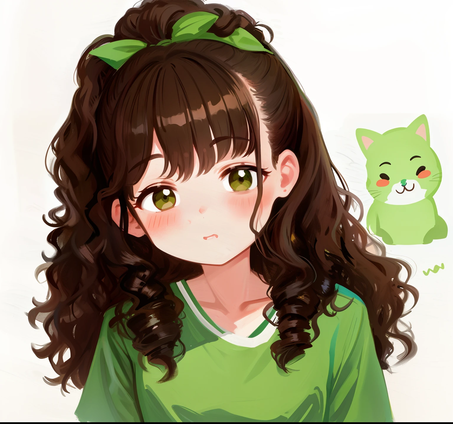There is a painting of a girl with long hair and a green shirt, cute portrait, curlies, Curly hair, carismatic, cute illustration, 🤤 girl portrait, inspired by Taiyō Matsumoto, portrait illustration, Big hair, portrait of a small, Fluffy hair, Portrait of a cute girl, chihiro! fujisaki, portrait girl