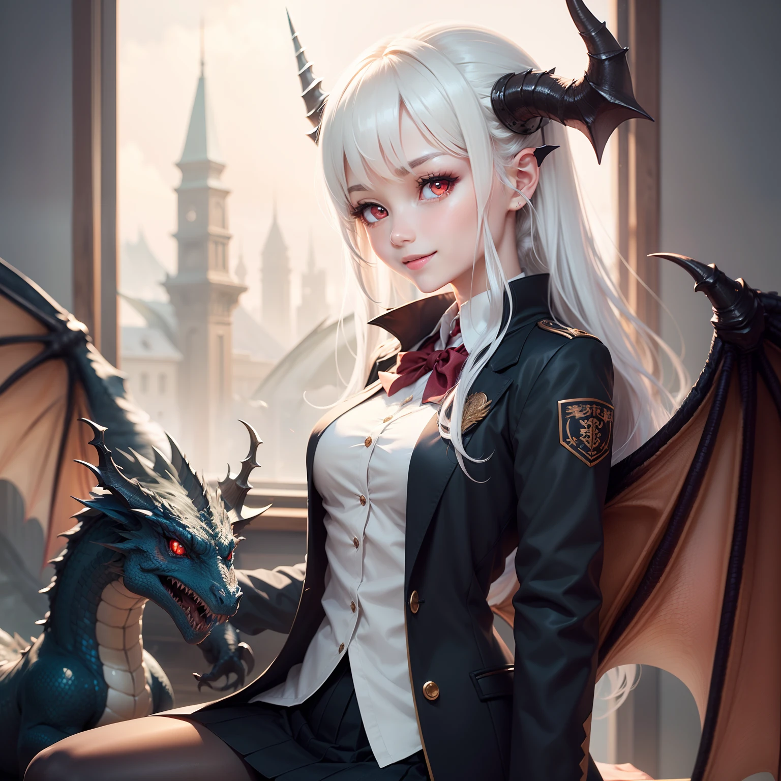 1girll、Dragon、Red eyes、Sharp eye light、Student uniform、ssmile、White hair、Dragon wings、Dragon's horn、Dragon's tail,1girll、Dragon、Red eyes、Sharp eye light、Student uniform、ssmile、White hair、Dragon wings、Dragon's horn、Dragon's tail,