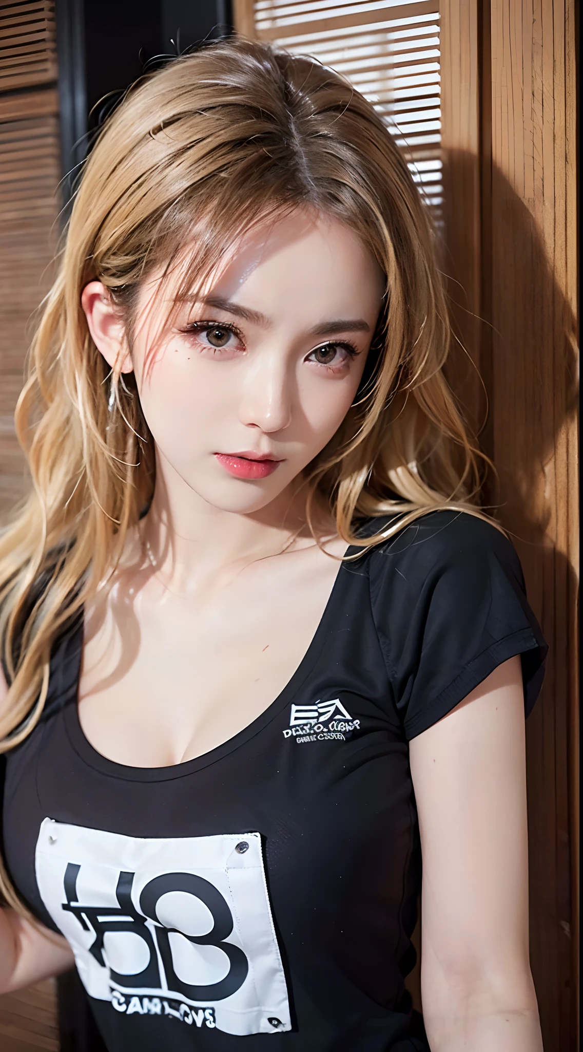 (1girl)、huge tit、breastsout、sun burn、Expose muscles、Sweat muscles、Wavy blonde hair、Nylon T-shirt、Punk Girl、A dark-haired、cleanness、Raw photo