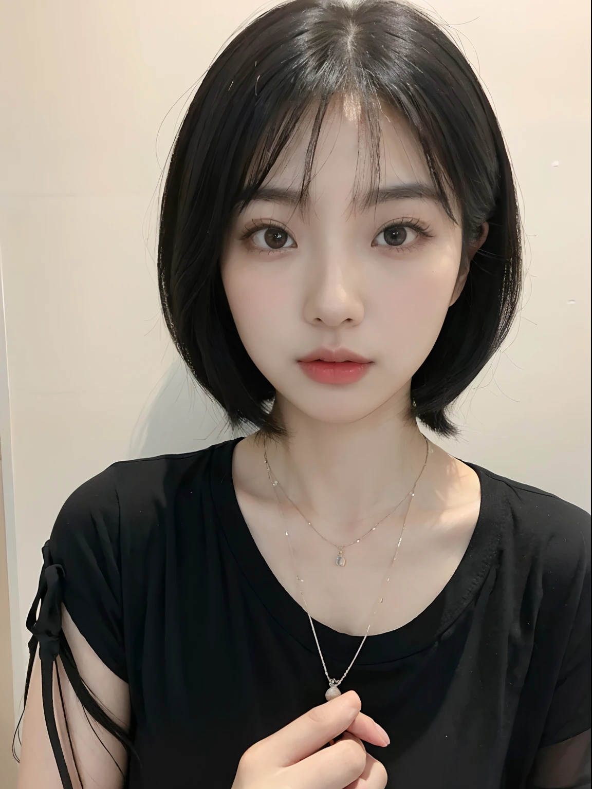(Best quality, 8k, 32k, Masterpiece, UHD:1.2),Photo of Pretty chinese girl justina xie wearing a oversized black t-shirt, short hair with white hair clip, black hair, upper body,oversized t-shirt, holding a camera, selfie pose, selfie photo, cute pose, simple background, pretty necklace, looking at viewer, deep shadow, undertones, justina xie, chinese ulzzang, fine-cute-girl, deep double eyelids, southeast-asian eyes, thick eyebrows, pretty eyelashes, no make up, natural beauty, xie chu ling girl, xie chu ling, egg face-shaped,  same face, same person, same dress, same backgroun, cute pose, full body, very realistic photo, super realistic, ultra high res, masterpiece, raw photo, beautiful and aesthetic,(photorealistic:1.4), a single female figure, astonishing level of detail, a chaotic masterpiece.