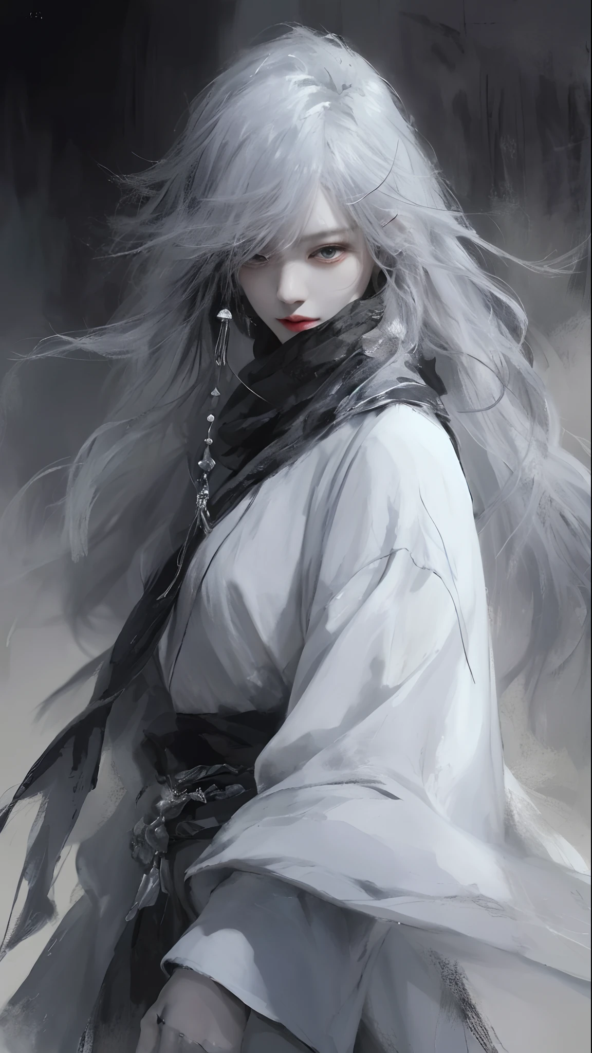 a close up of a woman with a white hair and a black scarf, a character portrait by Yang J, pixiv contest winner, fantasy art, white haired deity, beautiful character painting, artwork in the style of guweiz, the piercing stare of yuki onna, guweiz, with white long hair, with long white hair, flowing hair and long robes