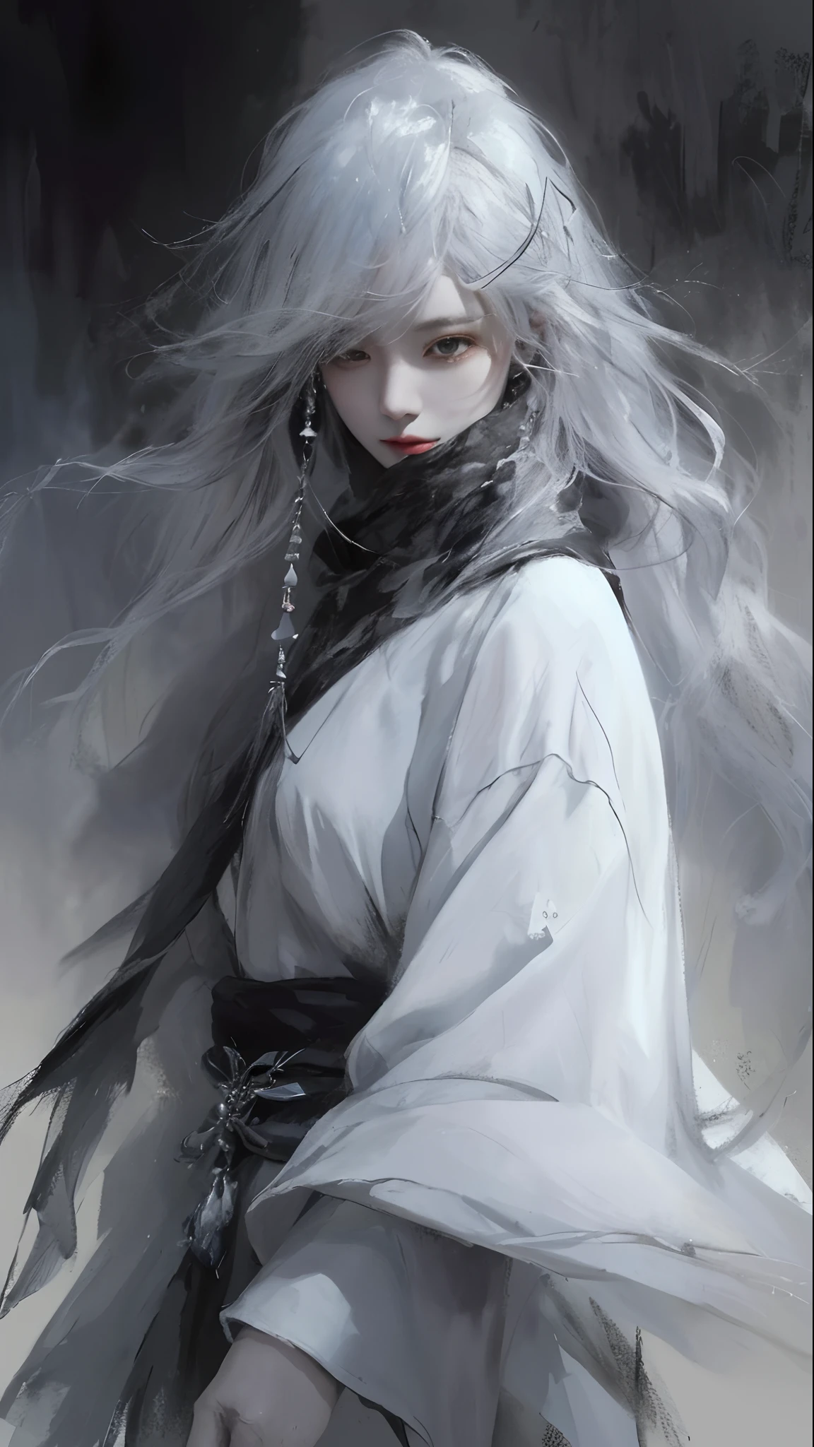 a close up of a woman with a white hair and a black scarf, a character portrait by Yang J, pixiv contest winner, fantasy art, white haired deity, beautiful character painting, artwork in the style of guweiz, the piercing stare of yuki onna, guweiz, with white long hair, with long white hair, flowing hair and long robes