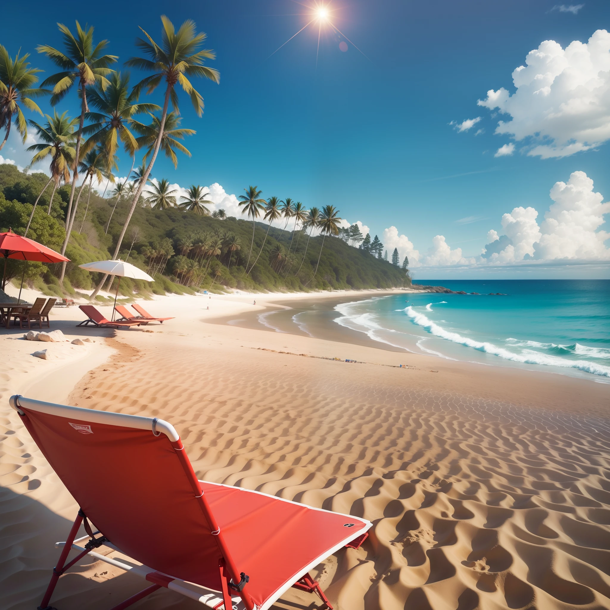 and the sun was shining brightly,Faraway view,sandbeach,party,Small recliner,beach umbrella,swim ring,red trees,surfing,Toast and celebrate,The is very detailed,best qualtiy