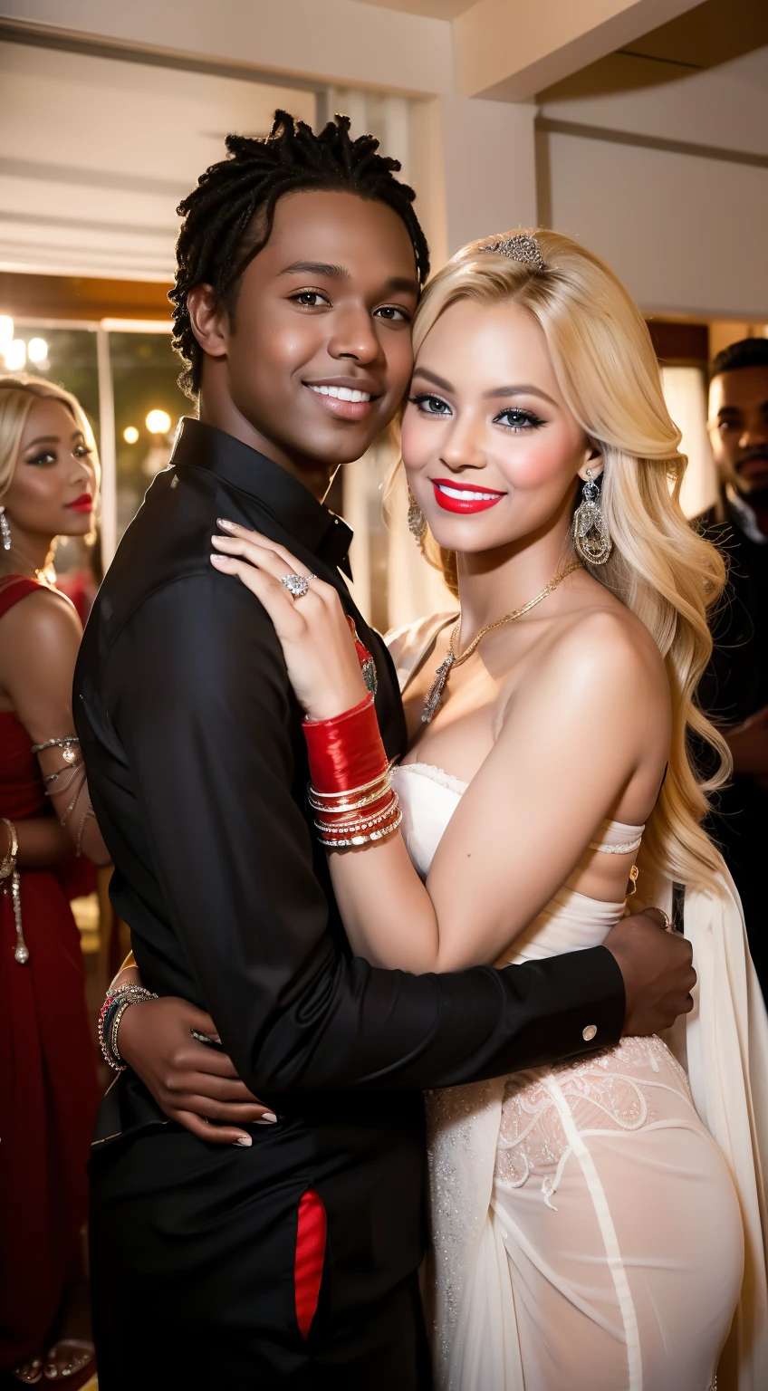 "Elsa Jean and black boy in a warm embrace, captured in a candid moment. Elsa Jean is adorned with exquisite jewelry, wearing a stunning Indian traditional saree, complemented perfectly by her striking red lipstick. Meanwhile, black boy looks dashing in a stylish kurta. The scene unfolds at a grand wedding event."