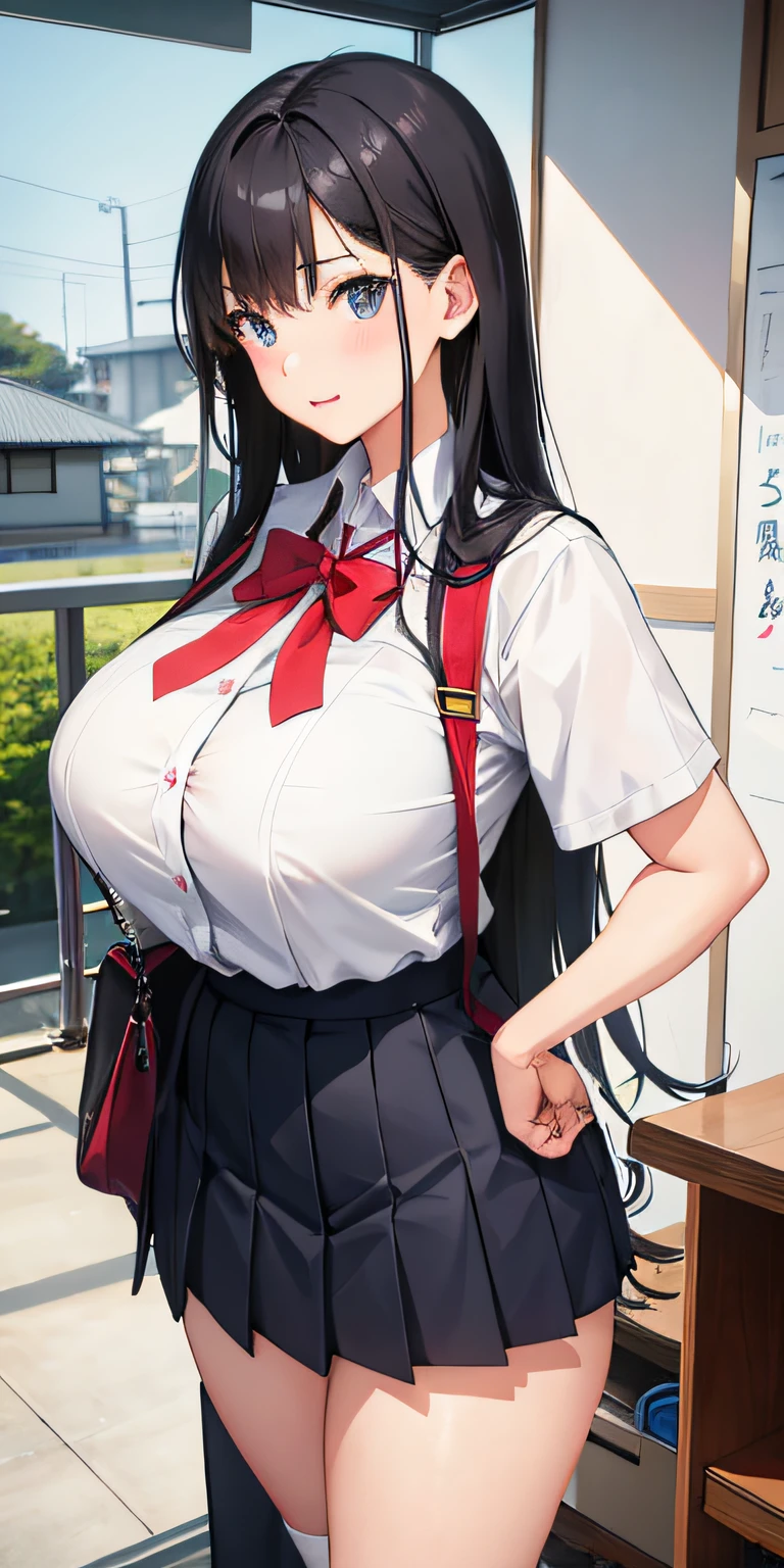 female high-school student、Japan school uniform、is standing、huge-breasted