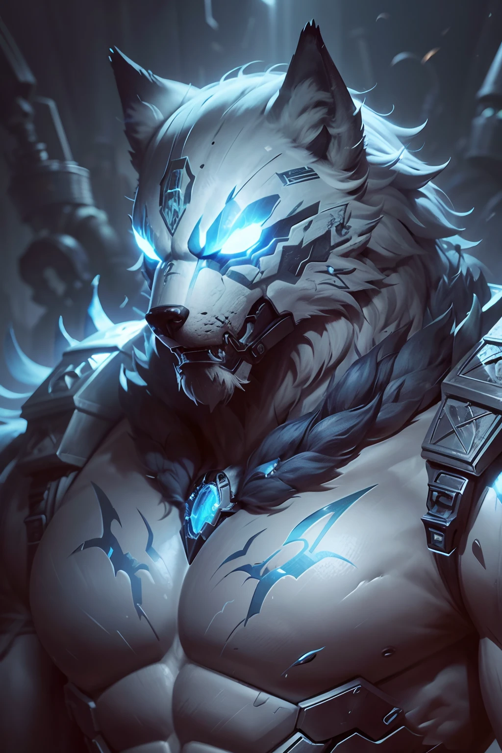 Close-up of the head,Sci-fi mechanical monsters,belve,Mechanical modification,Mutant wolf,There is a mechanical mask on the left side of the face,There are huge barbs on the hands,bellow,Full body mechanical armor,Facing the lens,The expression is fierce,Flame scene