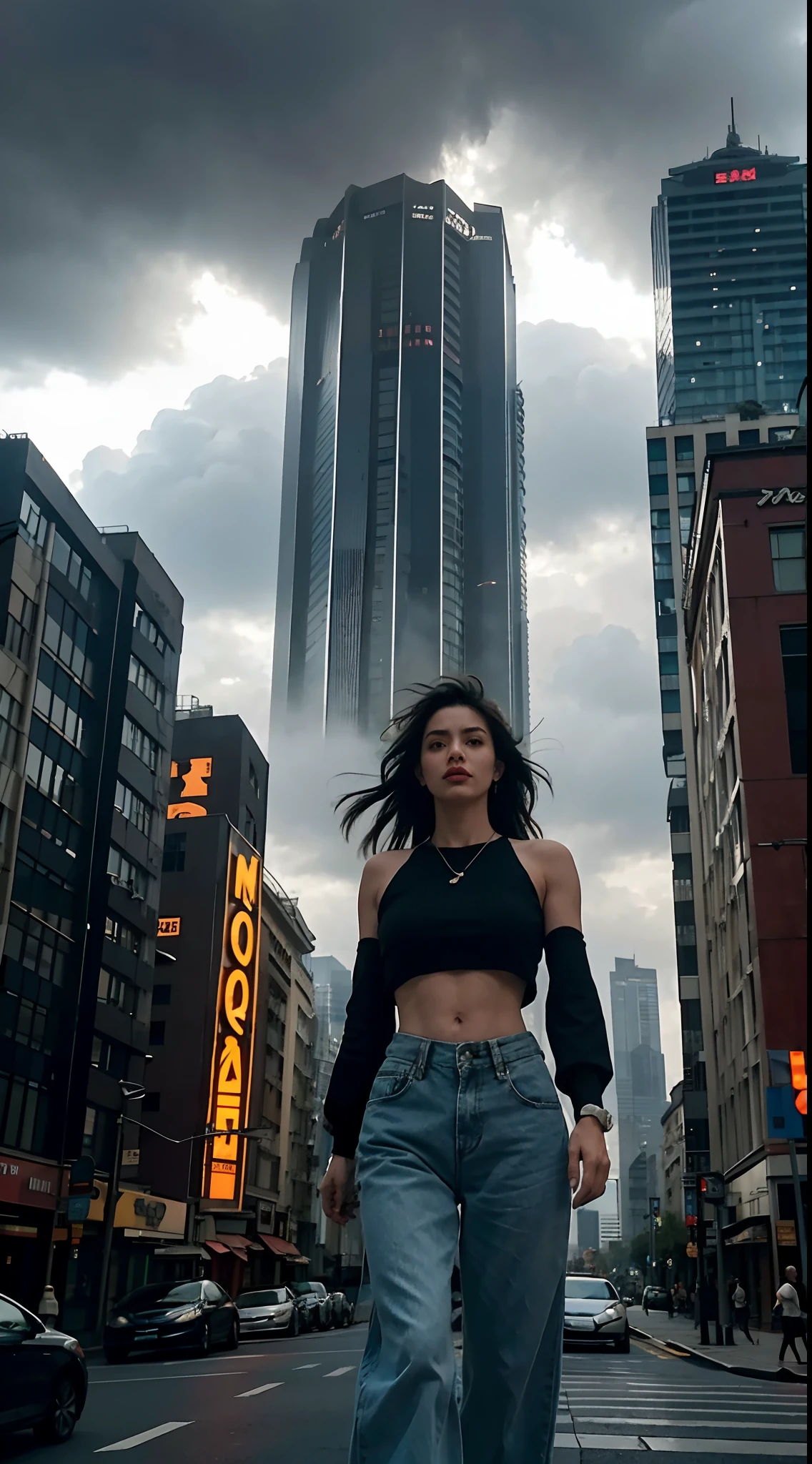 "A towering Giantess in a cool and laid-back hippie style is rocking a crop top and baggy pants. Her toned and athletic build hints at her massive strength. She seems to be casually strolling through the bustling cityscape of GTS City, as towering buildings loom overhead. Smoke and clouds roil around her, adding to the sense of epic scale and drama. The lighting is dark, gloomy, and realistic, creating a tense and ominous atmosphere. The perspective is from below, emphasizing the sheer majesty and power of the Giantess."