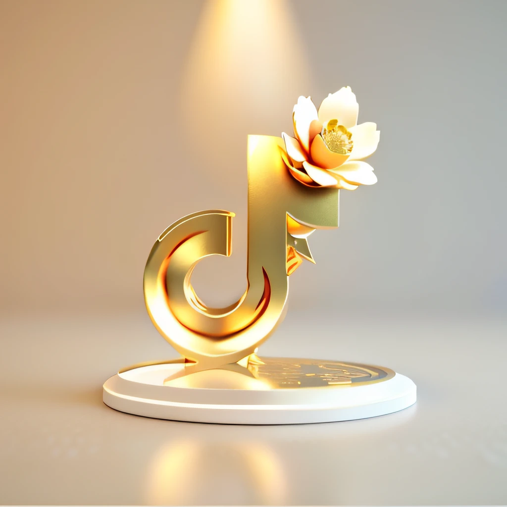 On the ground there is a white and gold figure,There are flowers on it, The letter D, Stylized 3D, 3 D 徽标, 3d 8k render, japonisme 3 d 8 k ultra detailed, Digital art, 3 d sculpture 8 k octane render, Delicate white and gold neon, golden number, behance 3d,Golden lotus:1,Golden curves:2