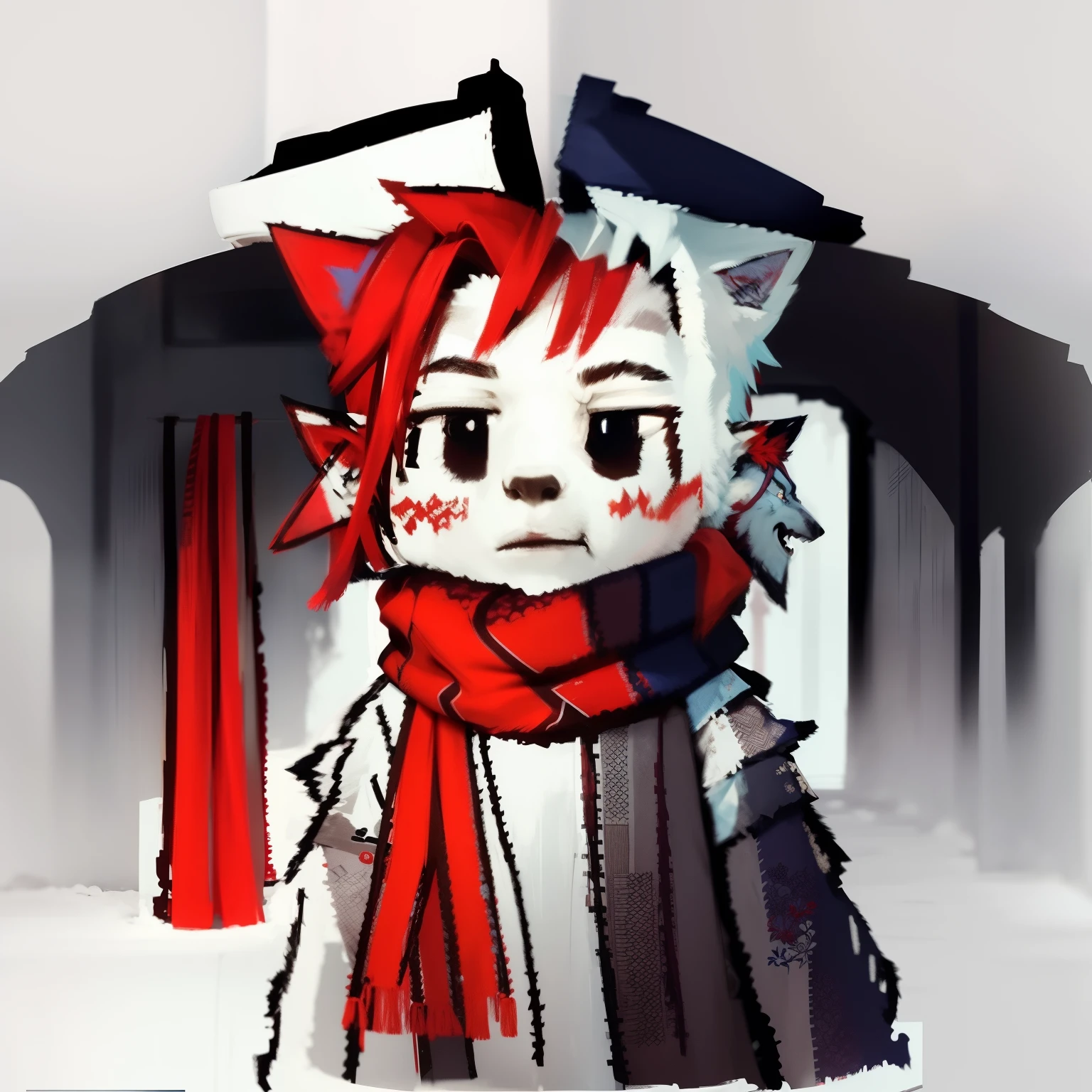 Wolf orcs,Red and blue hair,Wear a scarf,The scarf is embroidered with the words East Lake。