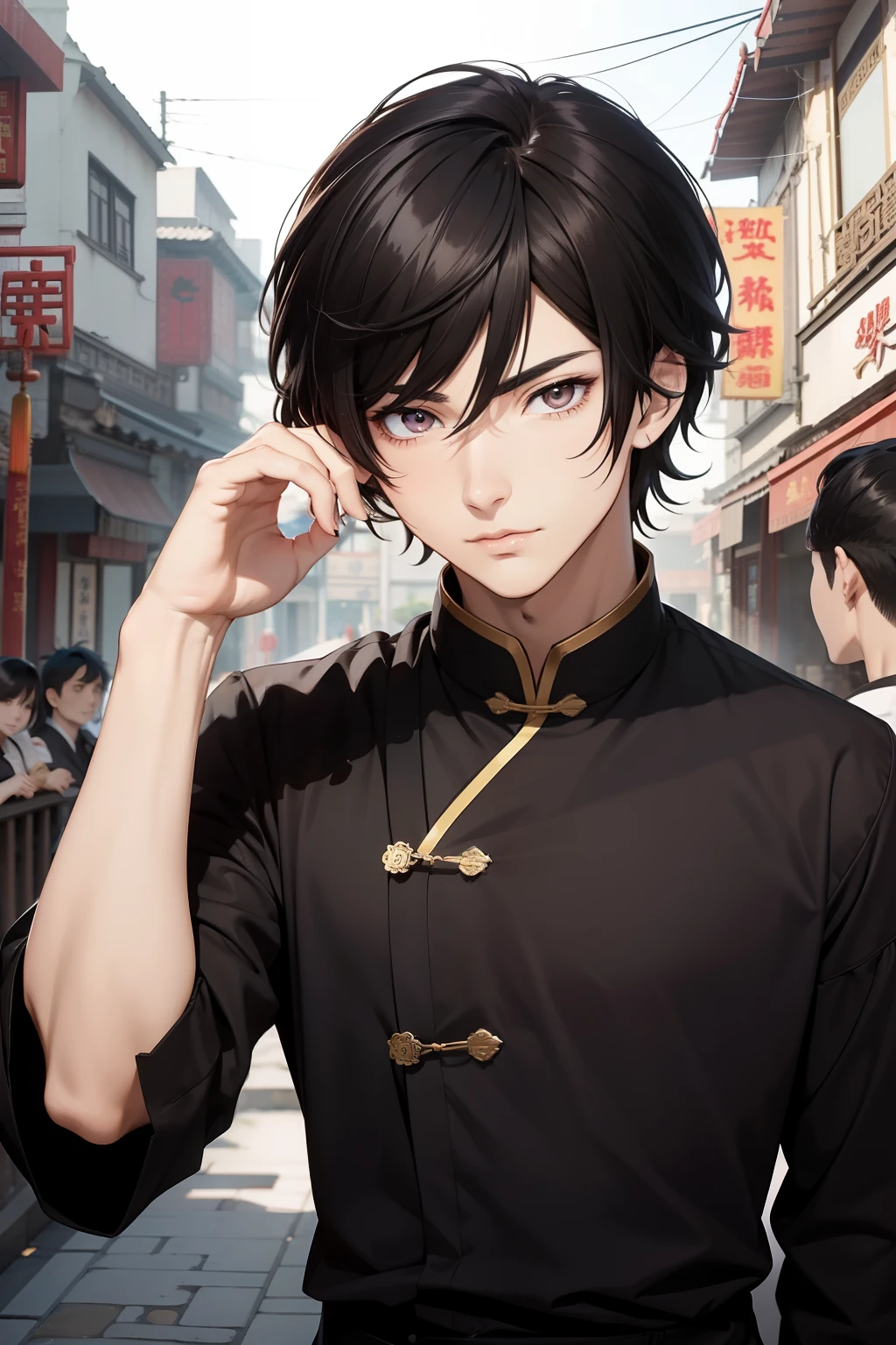 Very detailed anime male:1.5,Black color hair,with brown eye,The appearance caused a sensation,It's full of people,((China-style))