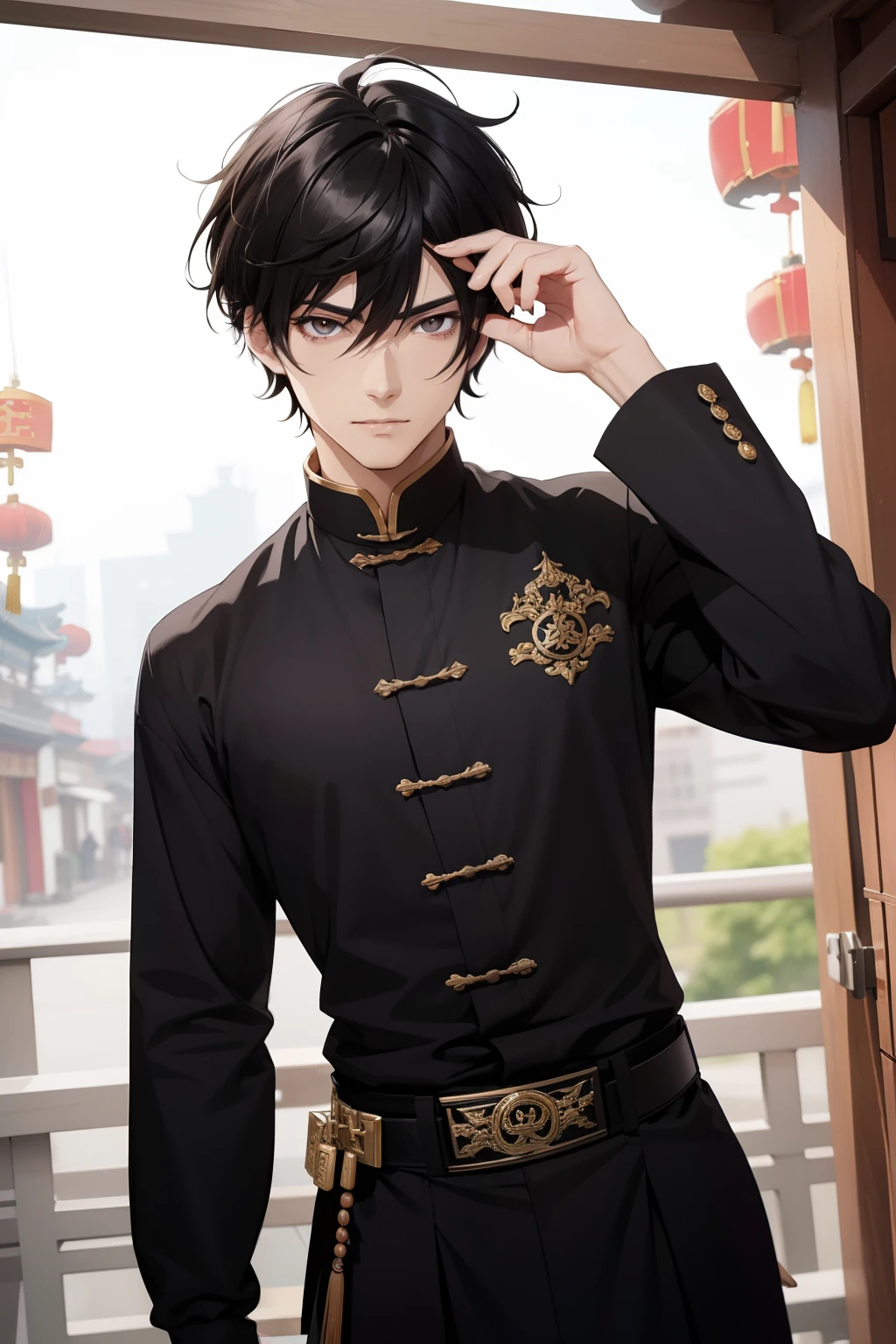 Very detailed anime male:1.5,Black color hair,with brown eye,The appearance caused a sensation,It's full of people,((China-style))