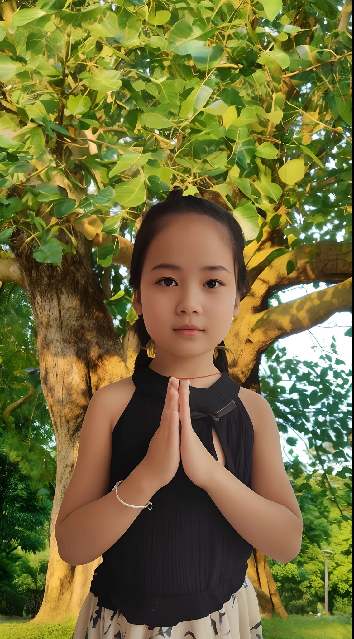 Allafed Asian girl in black blouse and white dress standing in front of a tree, nivanh chanthara, Young Asian girl, Anjali mudra, ruan jia beautiful!, taken in 2 0 2 0, Chinese girl, mai anh tran, inspired by Sophie Anderson, profile picture 1024px, photograph taken in 2 0 2 0