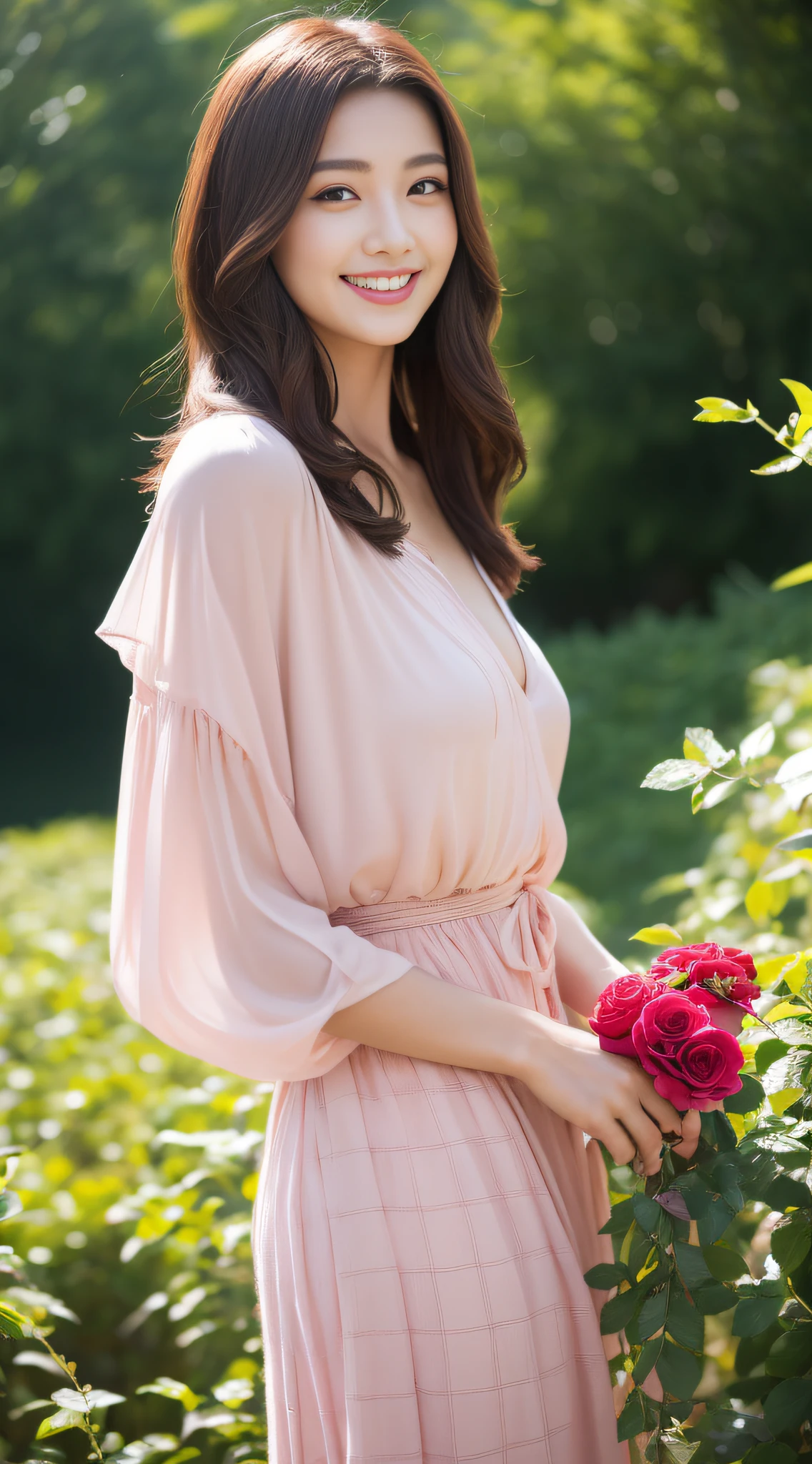 8k super-resolution、Beautuful Women、One lady、dark brown hair:1.1、hyperdetailed face、Detailed lips、significant、(Eyes are in focus)、二重まぶた、Eyes of the Princess、 beautfull Japanease woman、Beautiful Japan Lady、 sensual lip、Bewitching body、Bust Size 85、8 class large、Standing in a stimulating pose facing the front with a natural body and good balance between the left and right sides、in her 20s、(22year old)、Perspective、Lovely smile, Wearing fashionable clothes and skirts、Hair fluttering in the wind、The body is moving and active、、significant(Detailed hand count and shape)、You can see the chest.、Sharp Images、Detailed eye shine、Red yellow purple pink roses blooming on detailed background、Detailed beautiful breasts