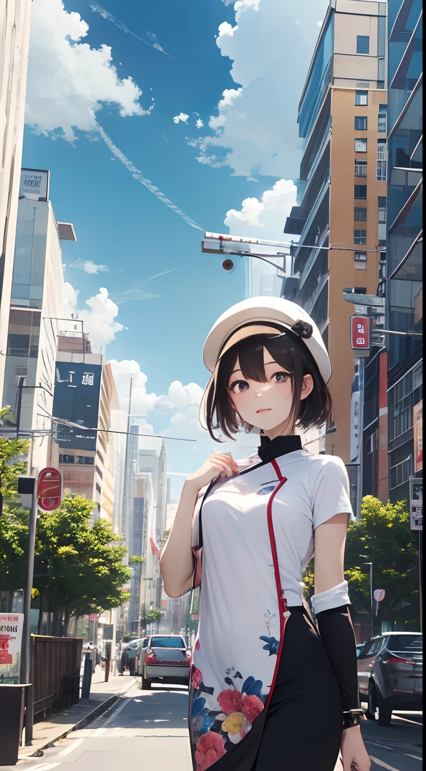 (Close-up of the painting style,8k ultra high definition,Masterpiece grade vista CG wallpaper)美丽细致的眼睛,cute girly,Perfect slim body,shift dresses,Pure eyes,The skin is smooth like a baby,Stand on the flyover,Look down at the earth,Background sky blank clouds,Buildings,the street。