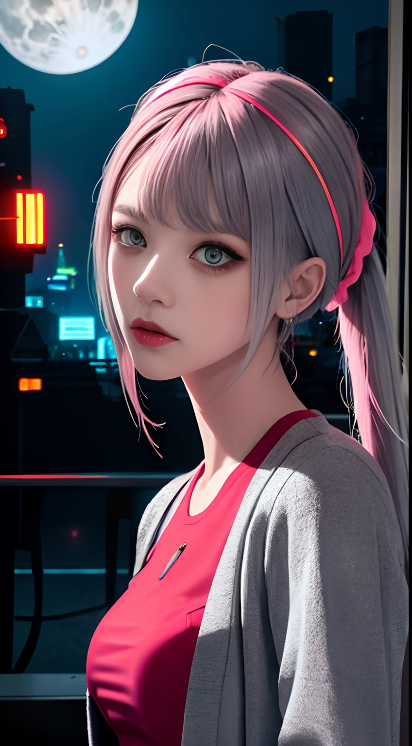 lucy \(cyberpunk\), 1girl, hair scrunchie, hime cut, silver hair, colored tips, full moon, grey eyes, jacket, long sleeves, looking at viewer, medium hair, multicolored hair, parted bangs, parted lips, pink hair, portrait, red eyeliner, red lips, solo, white jacket, cyberpunk \(series\), rainy night in a cyberpunk city with glowing neon lights