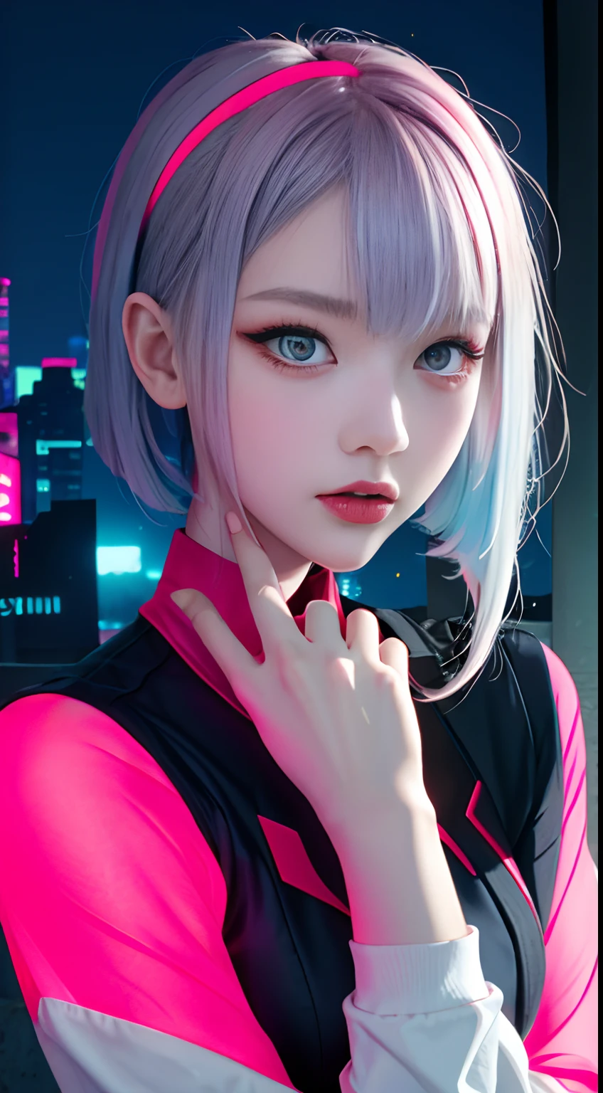 lucy \(cyberpunk\), 1girl, hair scrunchie, hime cut, silver hair, colored tips, full moon, grey eyes, jacket, long sleeves, looking at viewer, medium hair, multicolored hair, parted bangs, parted lips, pink hair, portrait, red eyeliner, red lips, solo, white jacket, cyberpunk \(series\), rainy night in a cyberpunk city with glowing neon lights