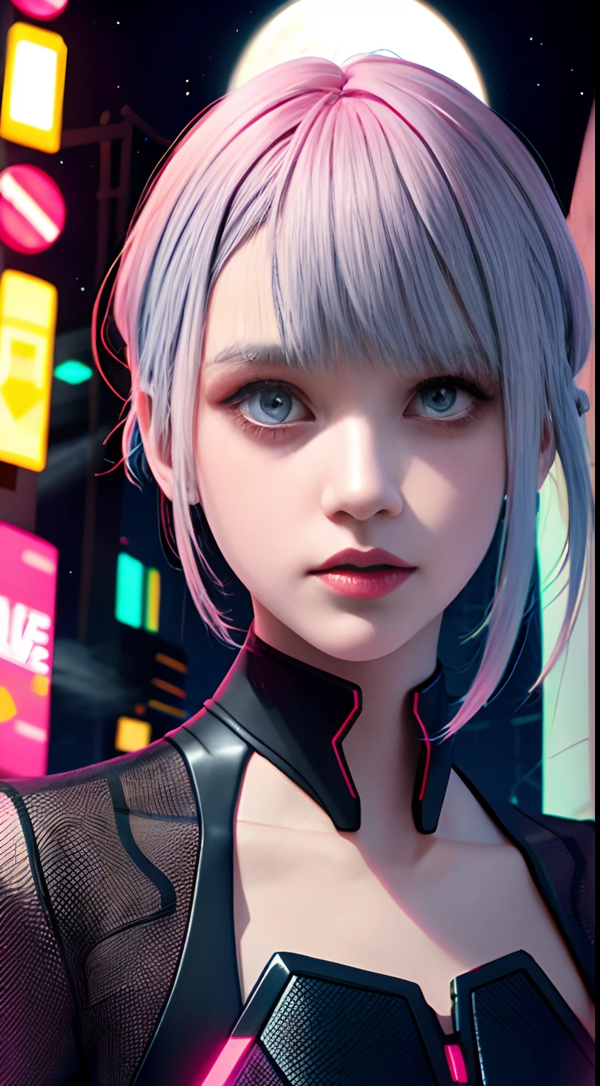 lucy \(cyberpunk\), 1girl,  hair scrunchie, hime cut, silver hair, colored tips, full moon, grey eyes, jacket, long sleeves, looking at viewer, medium hair, multicolored hair, parted bangs, parted lips, pink hair, portrait, red eyeliner, red lips, solo, white jacket, cyberpunk \(series\), rainy night in a cyberpunk city with glowing neon lights