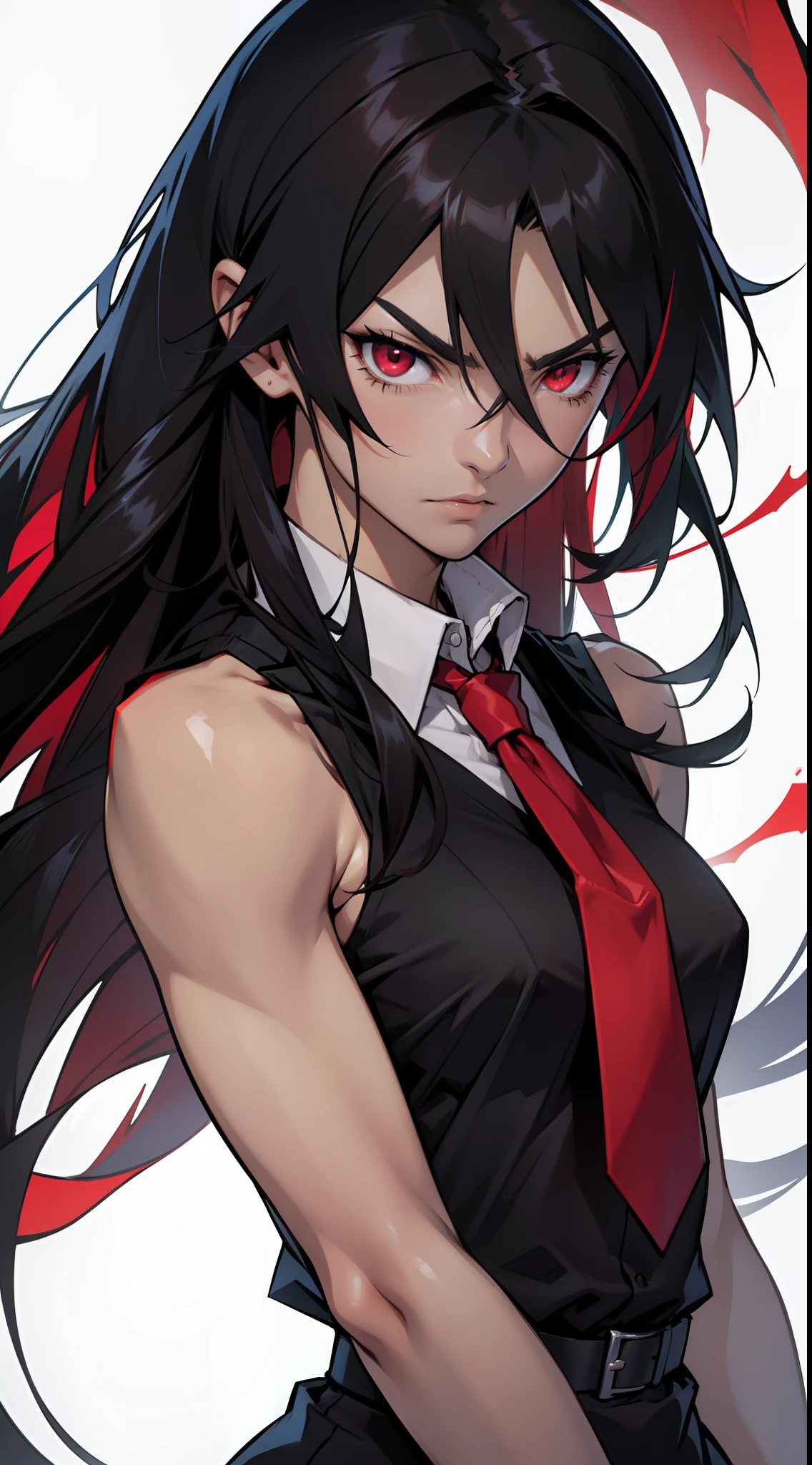 A woman, Akame of akame ga kill, serious look, black hair, deep red eyes, sleeveless black dress, white shirt collar only, red tie, night,