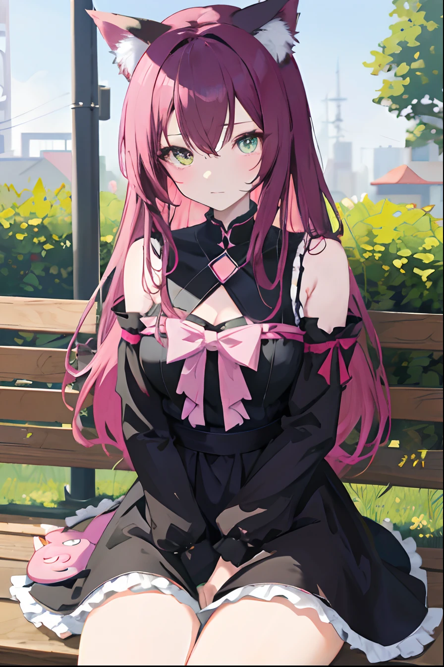 Anime girl sitting on bench with cat ears and black dress,is an anime girl with long pink hair beautiful anime catwoman, Attractive cat girl, Very beautiful anime cat girl, Anime girl wearing black dress, seductive anime girls, cute anime catgirl, anime girl with cat ears, anime catgirl, very beautiful cute catgirl, attractive anime girls, Beautiful anime girl, Anime girl, anime cat