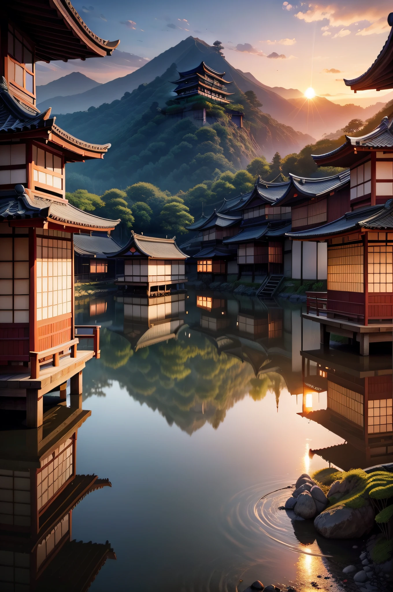 A village with ancient Japanese architecture,Sunset by the sea,Floating islands,Amazingly spectacular magical beautiful scenery