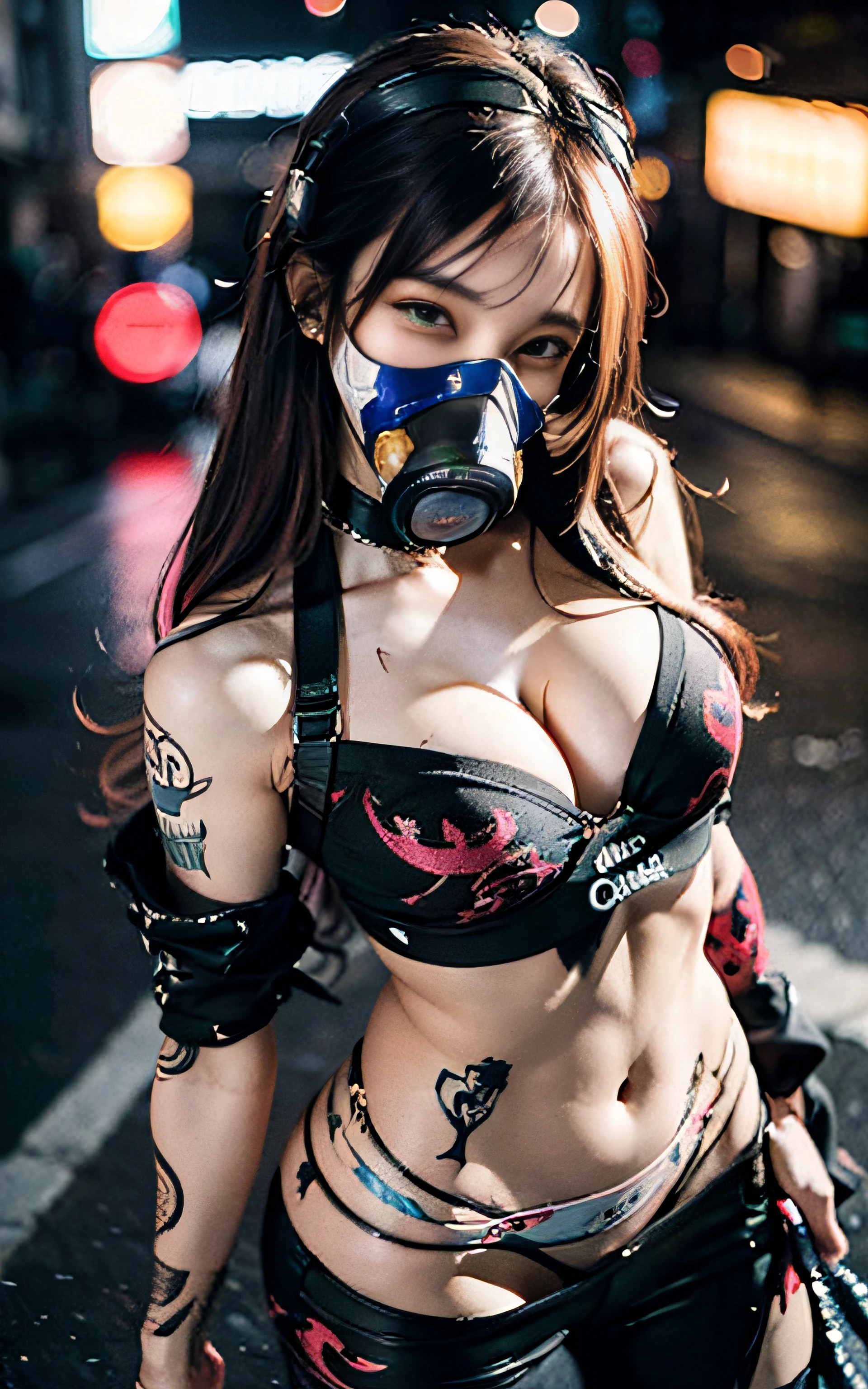 ((1girl in)),Girl in fancy streetwear, neotokyo, Centered| Convoluted| Highly detailed| Breathtaking beauty| precise lineart| Vibrant| comprehensive cinematic| Carne Griffiths| Conrad Roset, 8K, Cinematic lighting, rainy, Best Quality, hight resolution, blue open sky, (the most beautiful portrait in the world:1.5),(The tattoo),((Random Poses)),((Fancy hair color)),((smirk grin)),(A sexy),((luslous skin)),Angle from above,Big piercings,a navel,((gas masks)),headphones,Bright hair color