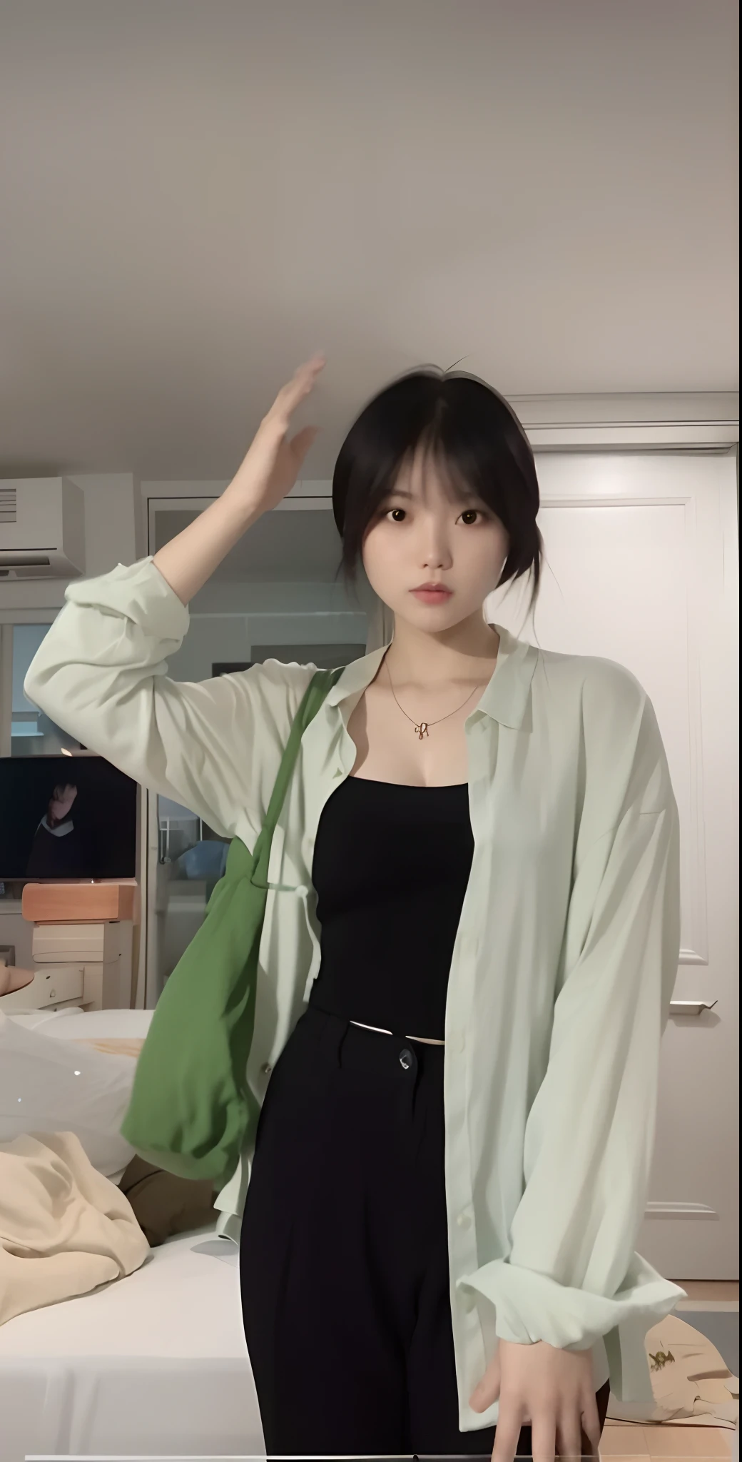 wearing green clothing,dressed with long fluent clothes, Korean girl, She has black hair,By bangs, her wardrobe is attractive, Women with short hair, With bangs, wearing casual cloths, lofi-girl, Wear green clothes, (8k, RAW photos, best qualtiy, tmasterpiece: 1.2), (photorealestic, realisticlying: 1.37), ((best qualtiy)), 超高分辨率, extremely detailed 8k cg wallpape, physically-based renderingt, cinmatic lighting, full bodyesbian, (bokeh: 1.4), ((((1girl))), (Oval shaped face)