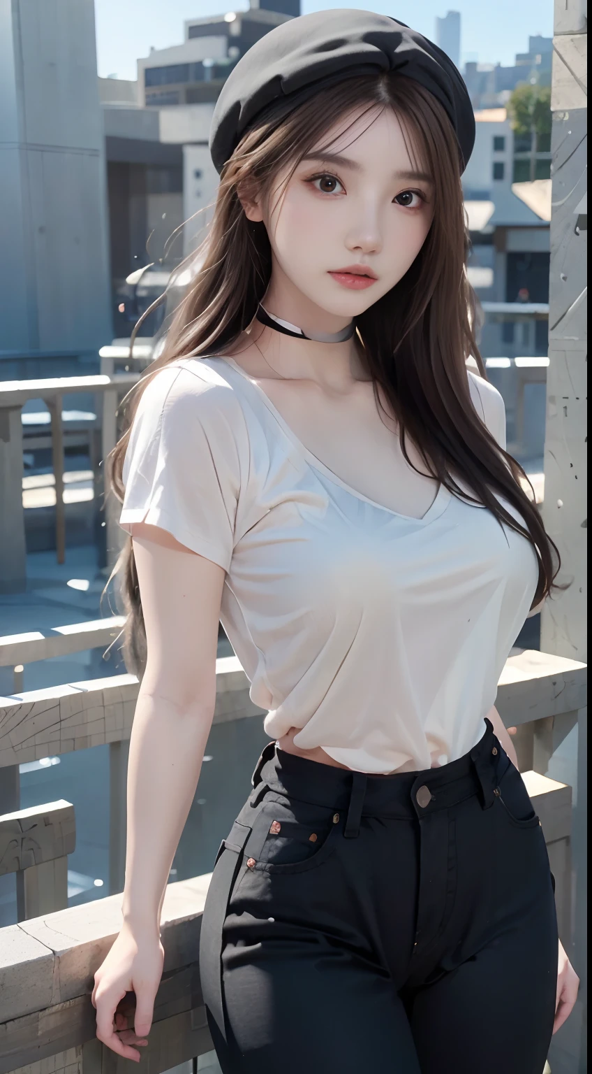 apinkhayoung, urban, streets, (day:1.1), RAW,(8k, best quality, masterpiece:1.2),(intricate details:1.4),(photorealistic:1.4),octane render, complex 3d render ultra detailed, studio soft light, rim light, vibrant details, ultra detailed, realistic skin texture, detailed face, beautiful detailed eyes, extremely detailed CG unity 8k wallpaper, makeup, (detailed background:1.2), (cowboy shot:1.2),(perfect ???????:1.2),(wide hip:1.1),(black t-shirt, pants, choker, beret:1.2),