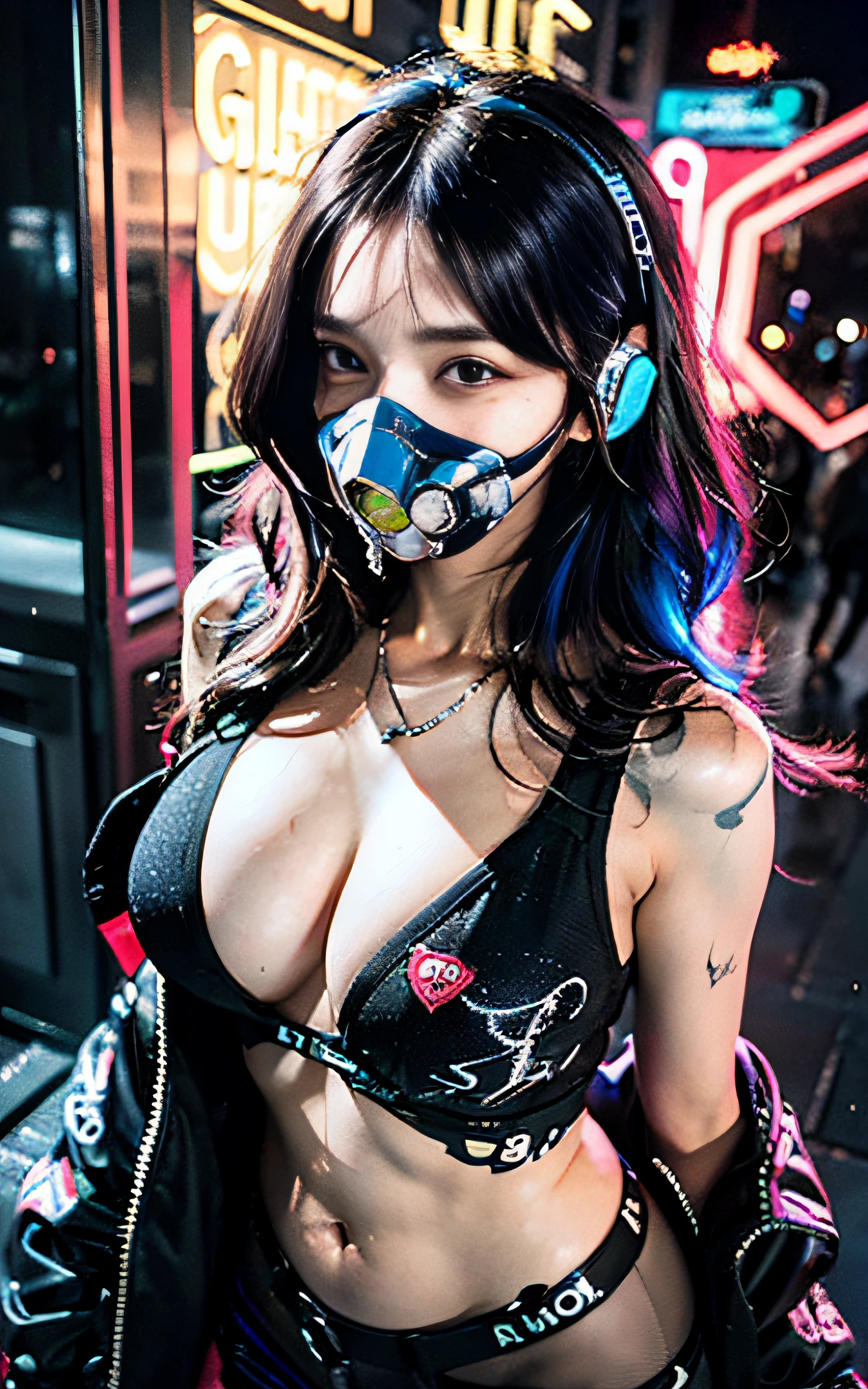 ((1girl in)),Girl in fancy streetwear, neotokyo, Centered| Convoluted| Highly detailed| Breathtaking beauty| precise lineart| Vibrant| comprehensive cinematic| Carne Griffiths| Conrad Roset, 8K, Cinematic lighting, rainy, Best Quality, hight resolution, blue open sky, (the most beautiful portrait in the world:1.5),(The tattoo),((Random Poses)),((Fancy hair color)),((smirk grin)),(A sexy),((luslous skin)),Angle from above,Big piercings,a navel,((gas masks)),headphones,Bright hair color