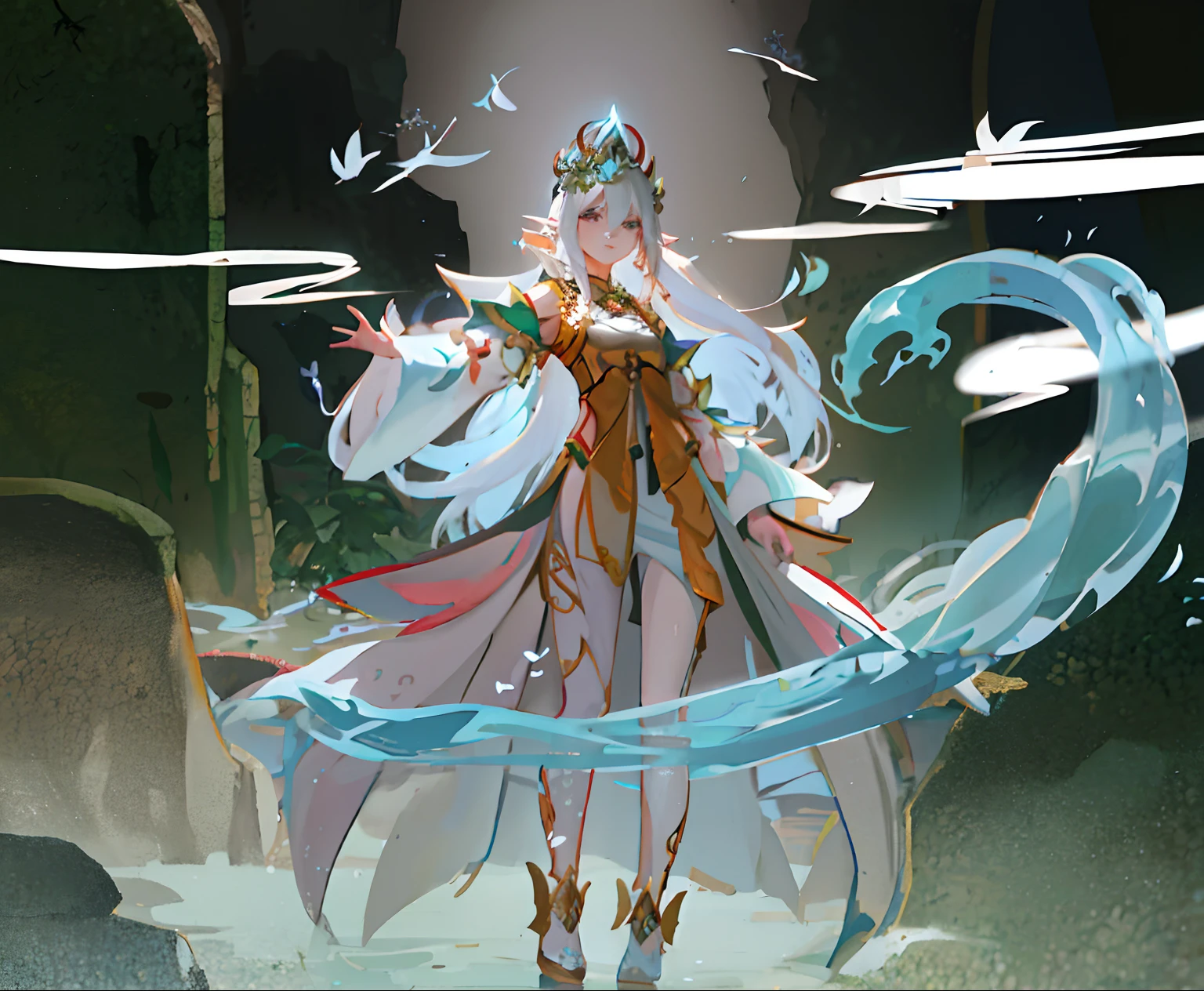 There was a woman in a dress standing in the water, white-haired god, goddess of nature, Onmyoji detailed art, An elf queen, queen of the sea mu yanling, goddess of wisdom, Keqing from Genshin Impact, fey queen of the summer forest, Inspired by Ai Xuan, fairy queen, ((a beautiful fantasy empress))Mountain and sea art，The background is a distant mountain，