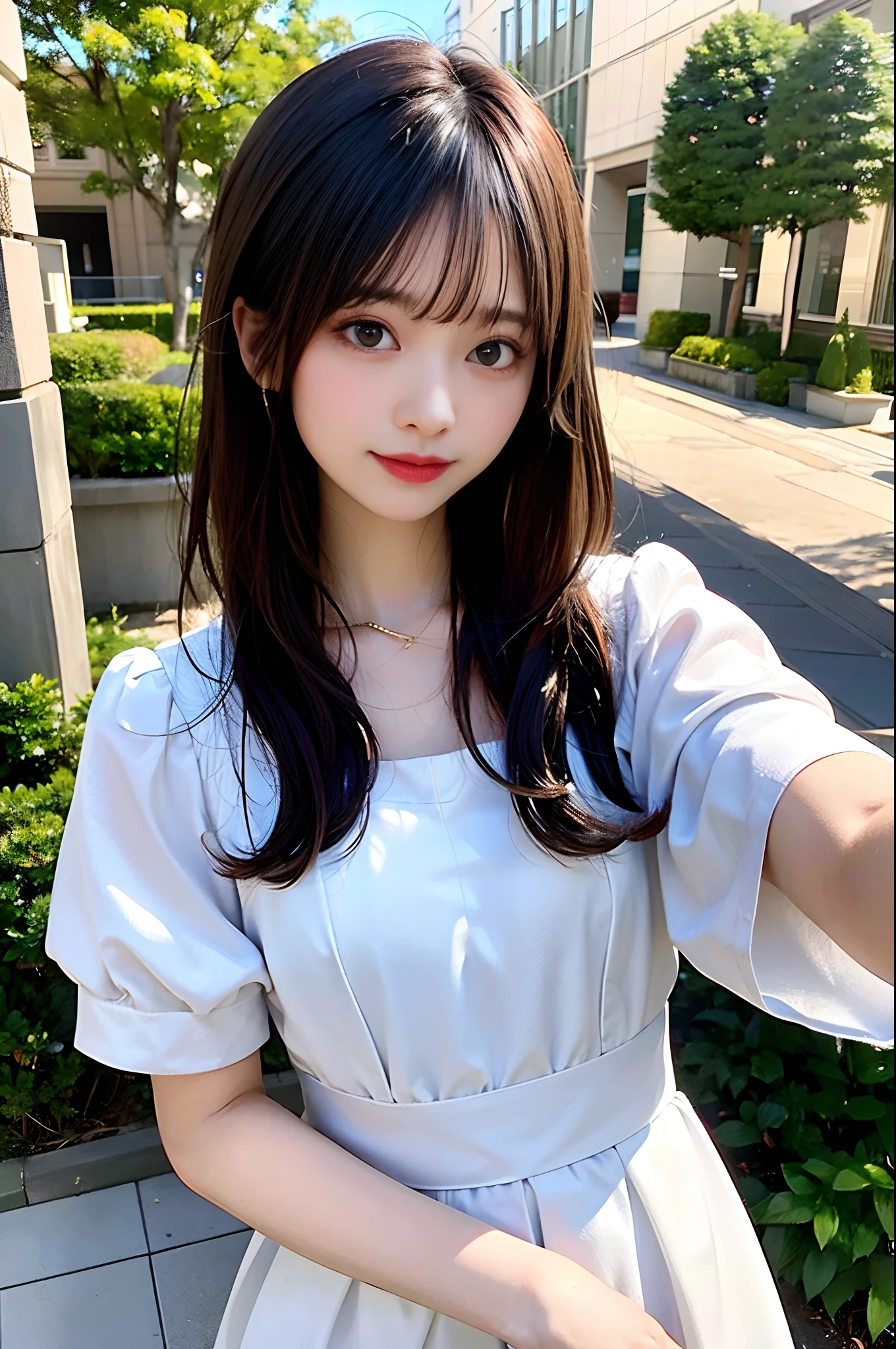 selfee、masutepiece、masterpiece、20 years girl、A dark-haired、Semi-long hair、White Dress、耳Nipple Ring、a necklace、outside of house、natta、