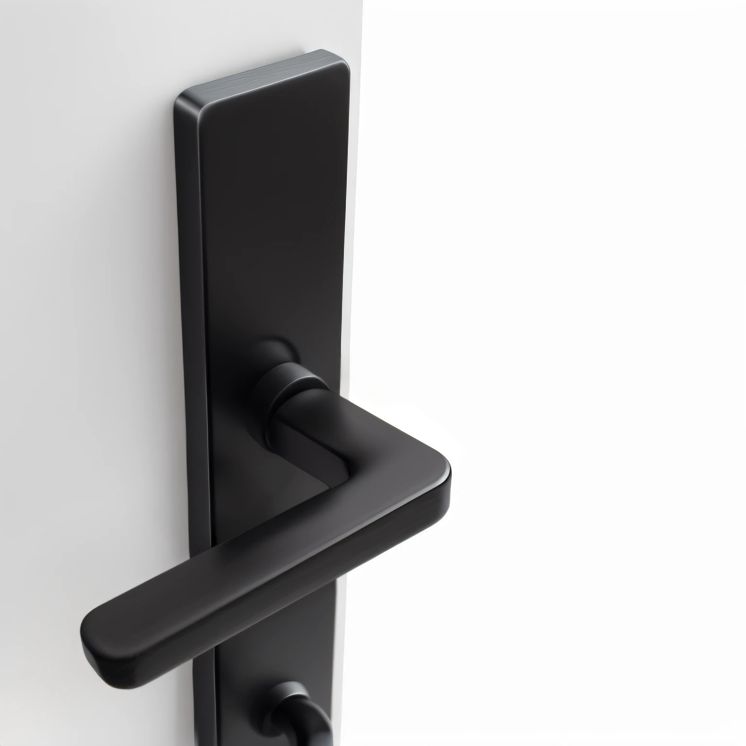 White doors have black doorknobs,, Metal credit, black matte finish,”, Door, all black matte product, aluminium, Product photo, black lacquer, Warm shadows, ebony,product photograph, very award - winning, dark black porcelain skin, Modern details, Titanium