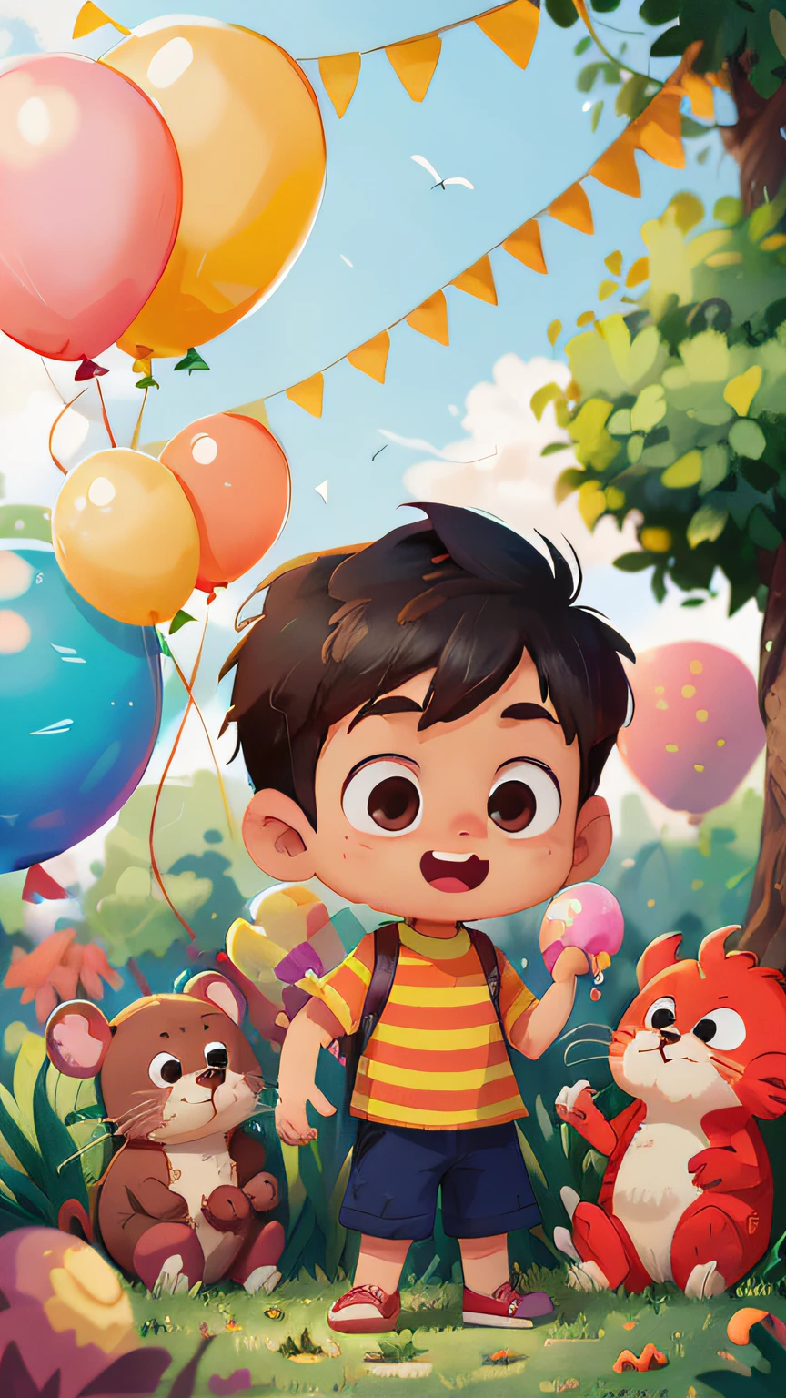 A boy, zoo, many balloons, happy, happy, perfect quality, clear focus (clutter - home: 0.8), (masterpiece: 1.2) (realistic: 1.2) (bokeh) (best quality) (detailed skin: 1.3) (intricate details) (8K) (detail eyes) (sharp focus), (happy)