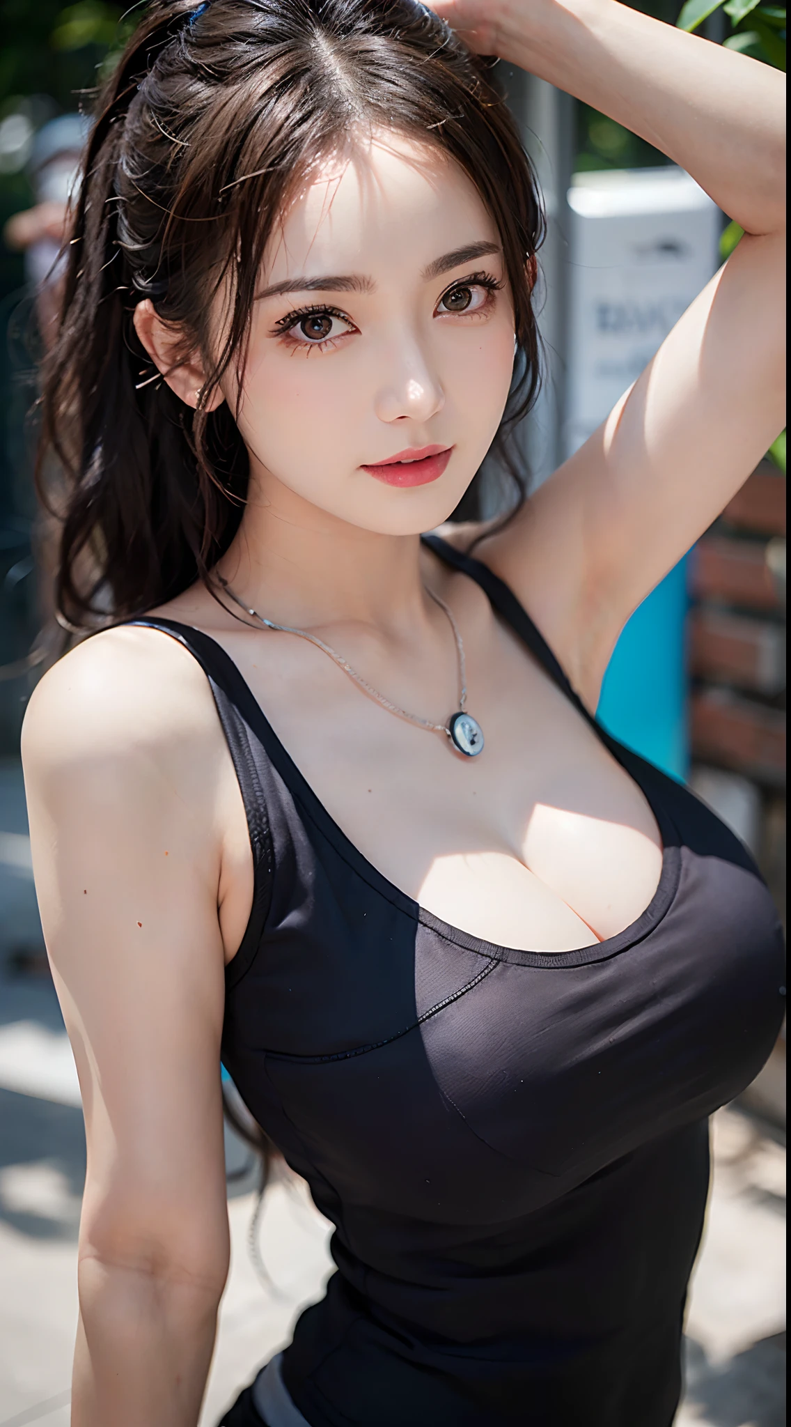 (1girl in)、Colossal tits、breastsout、sun burn、Expose muscles、Sweat muscles、Wavy blonde hair、Nylon T-shirt、Punk Girl、A dark-haired、cleanness、Raw photo、realisitic