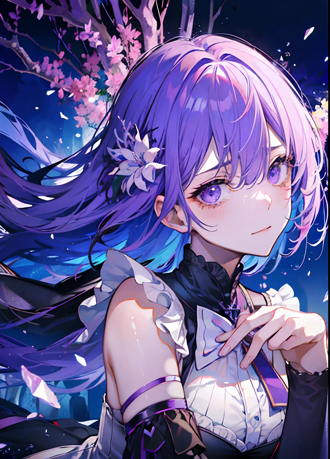 femele、Adults、purple color  hair、Black Dress、Ruins、ancientry、hight resolution、natta、Mystical、Colossal tits、Gunbearer、Crying face、Beautiful skin、view front、shed tears、Zoom to face、Broken glass、splash water、moonlights、lake、Floating in the air